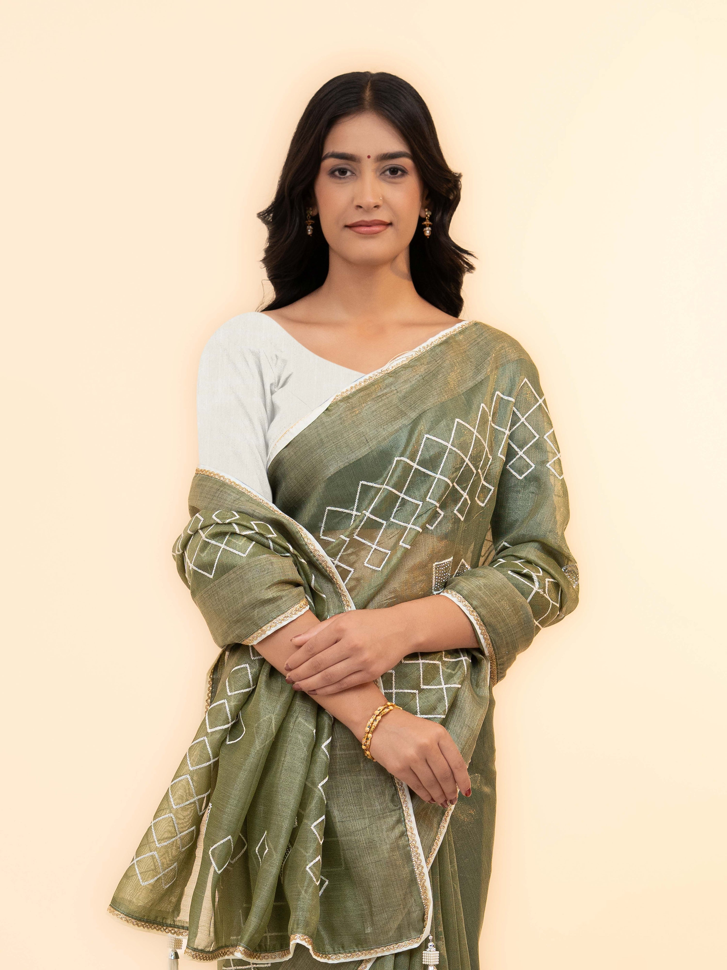 Olive Green Tissue Silk Saree