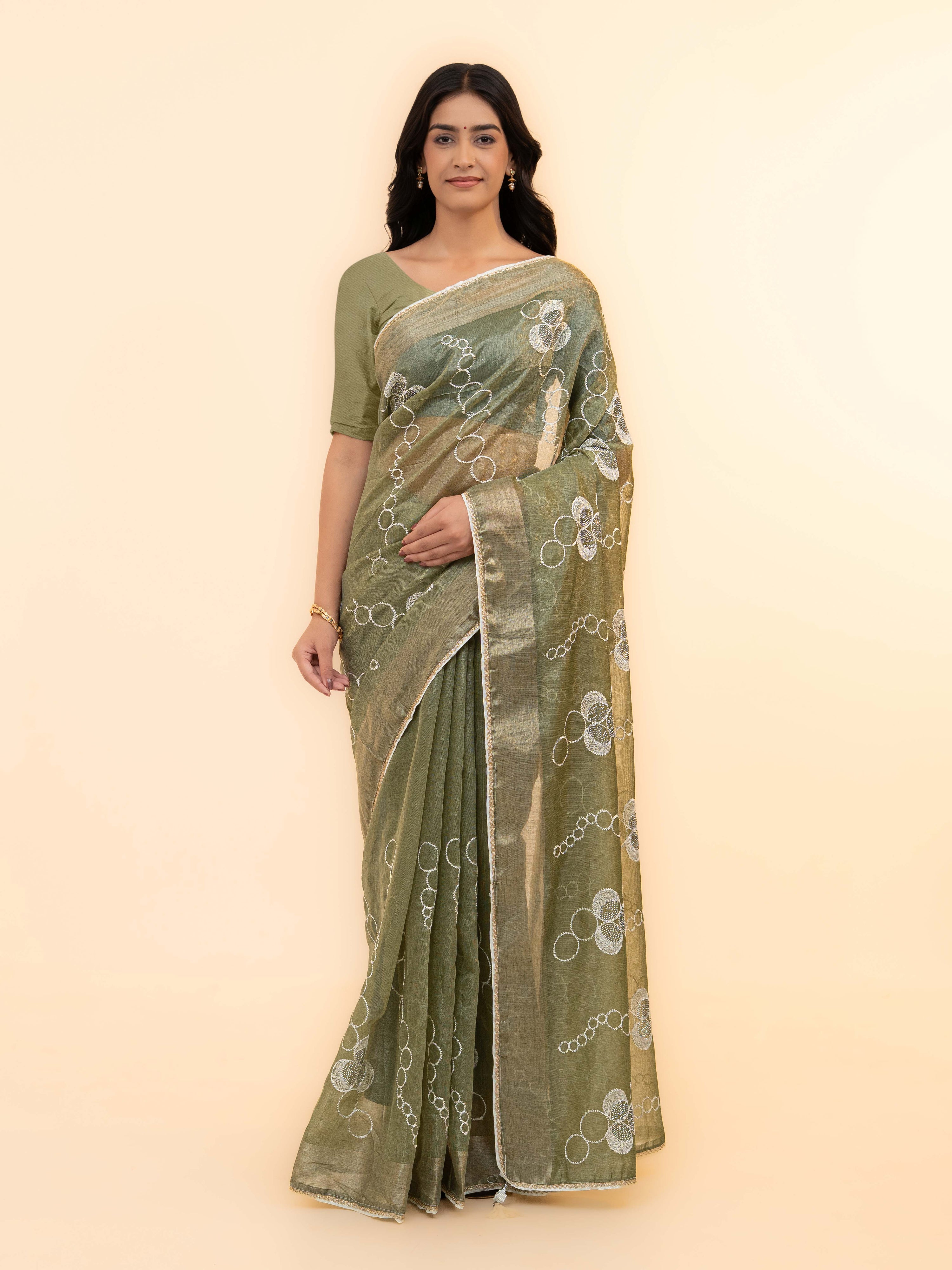 Olive Green Tissue Silk Saree