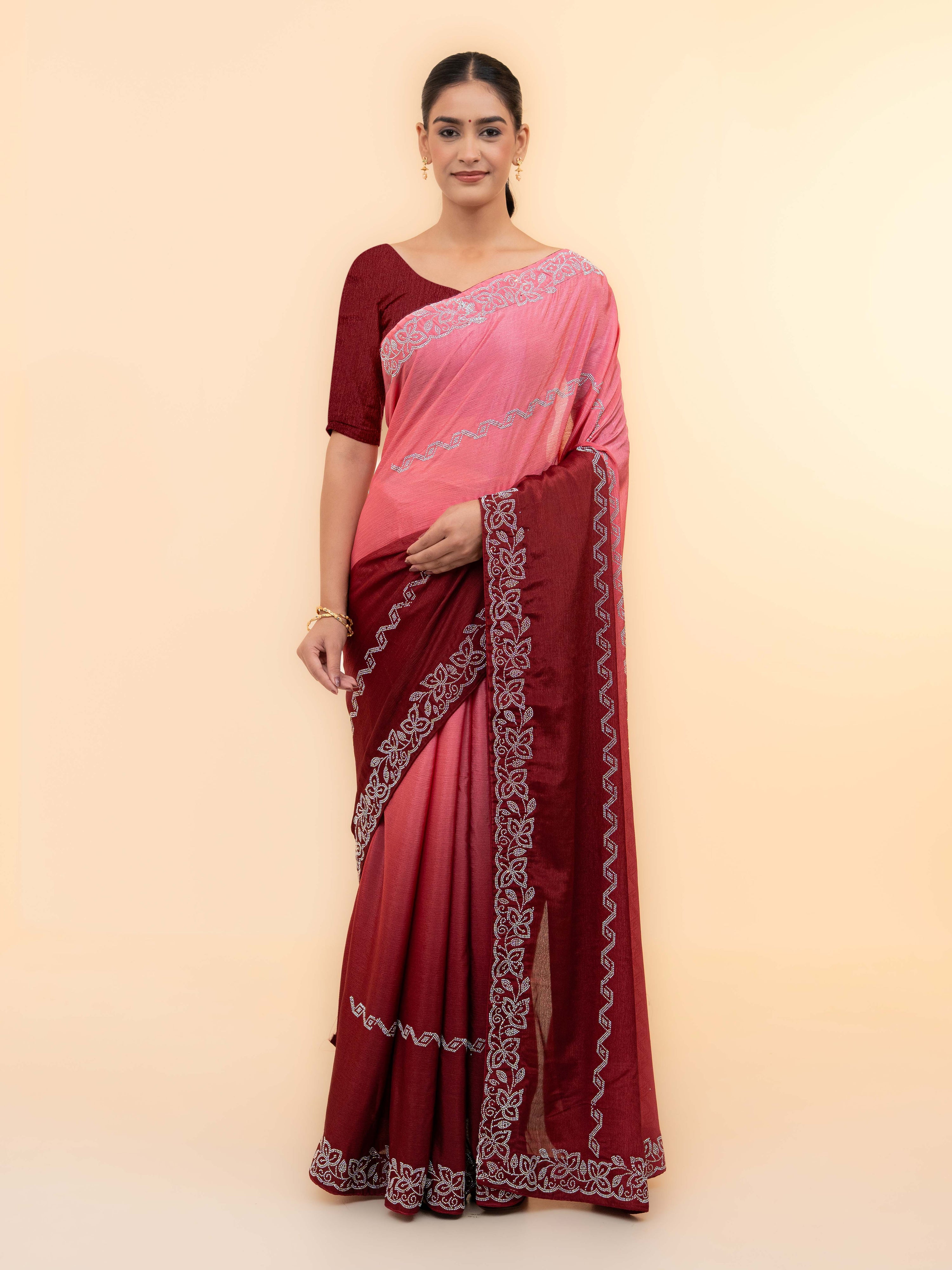 Maroon & Pink Minakari Silk Saree
