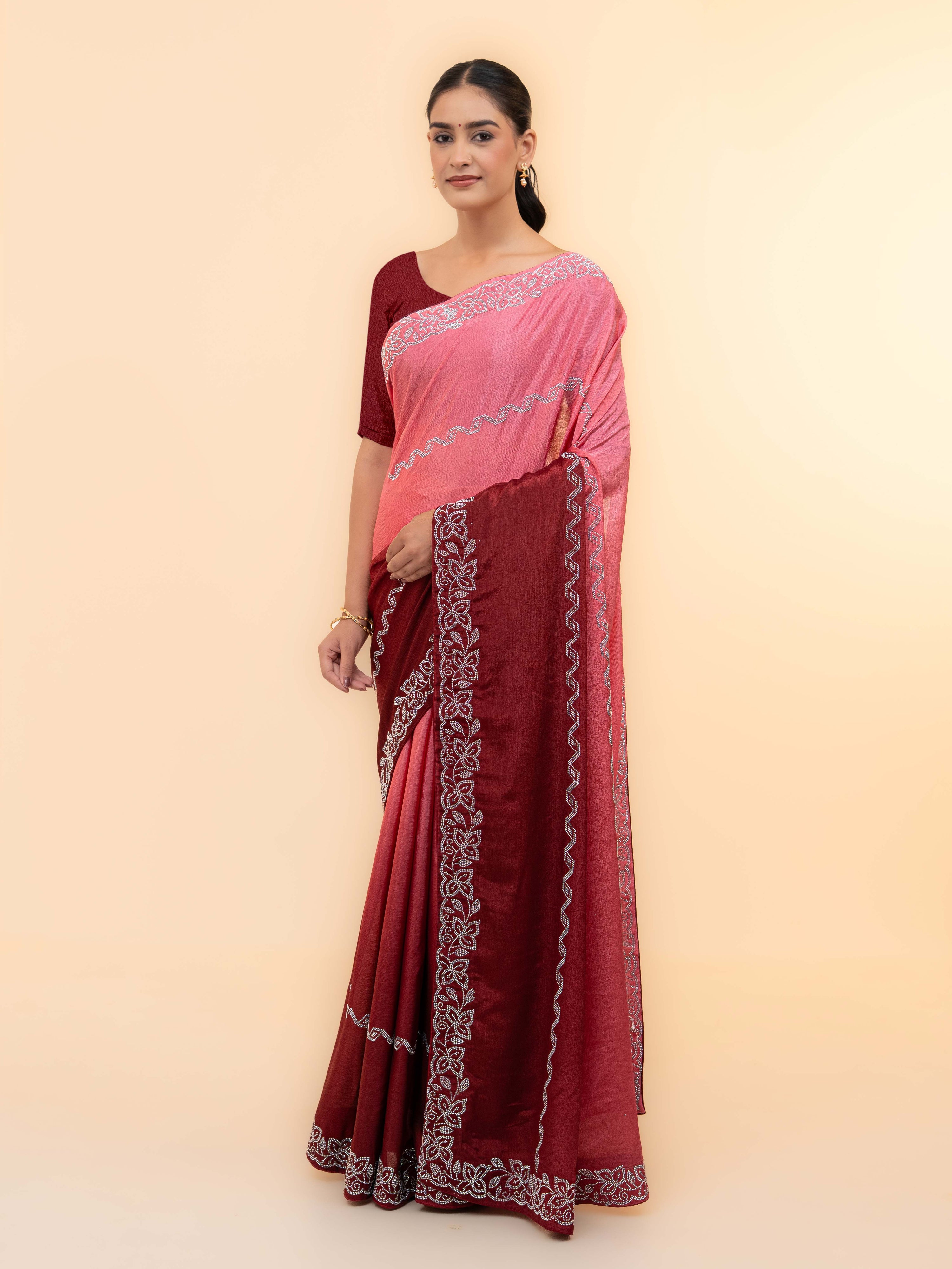 Maroon & Pink Minakari Silk Saree