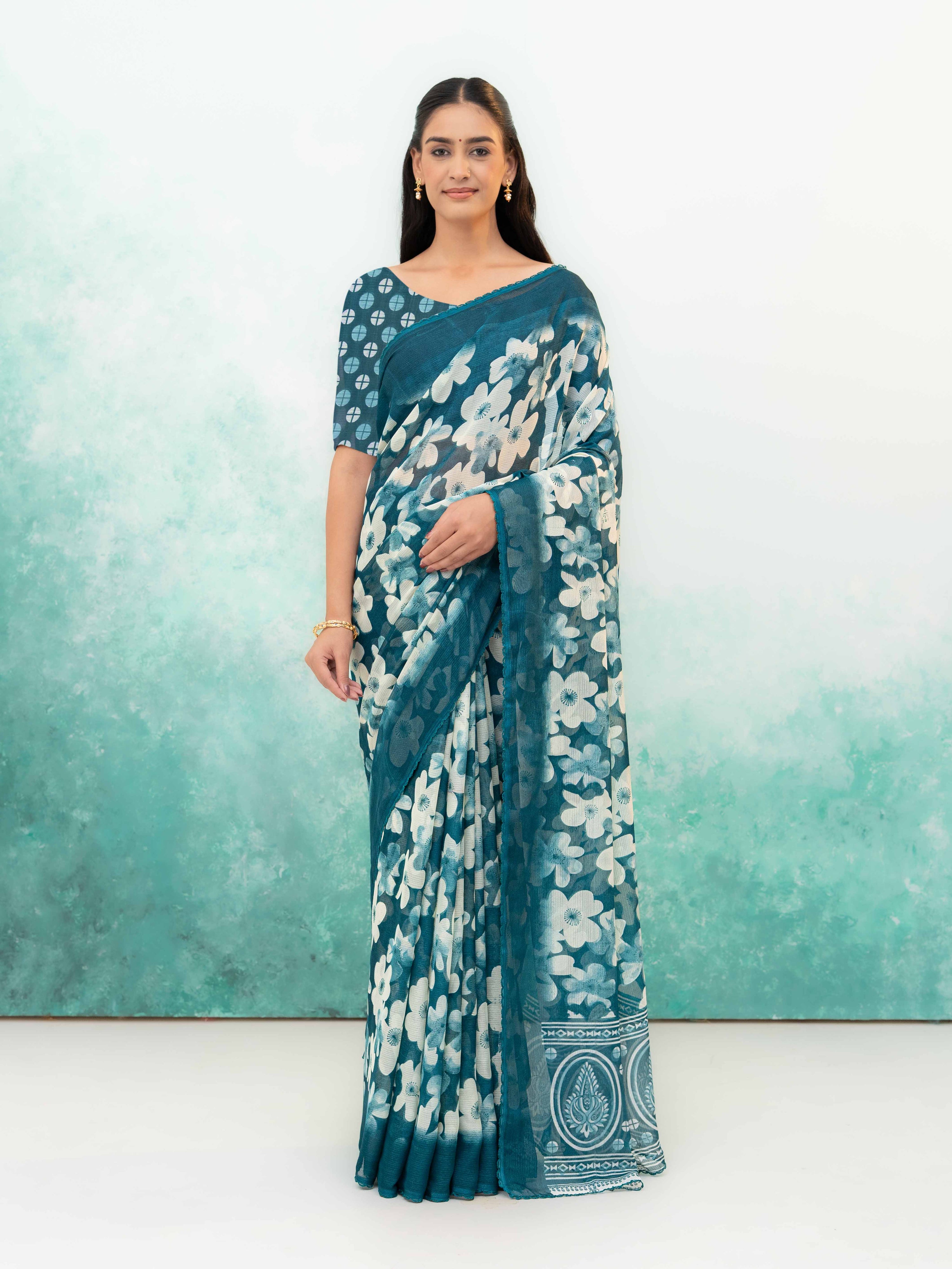 Teal Blue Chiffon Saree