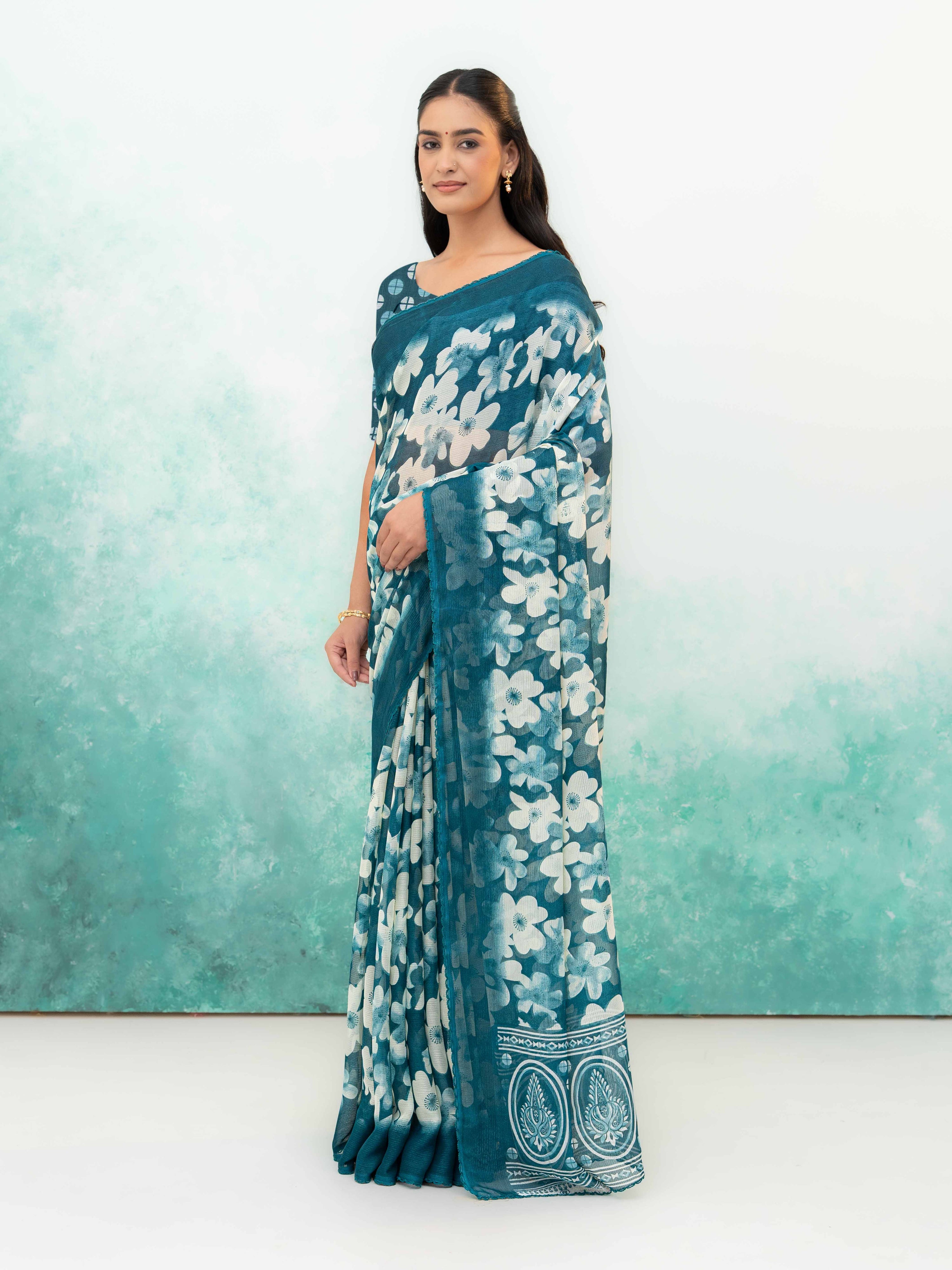 Teal Blue Chiffon Saree