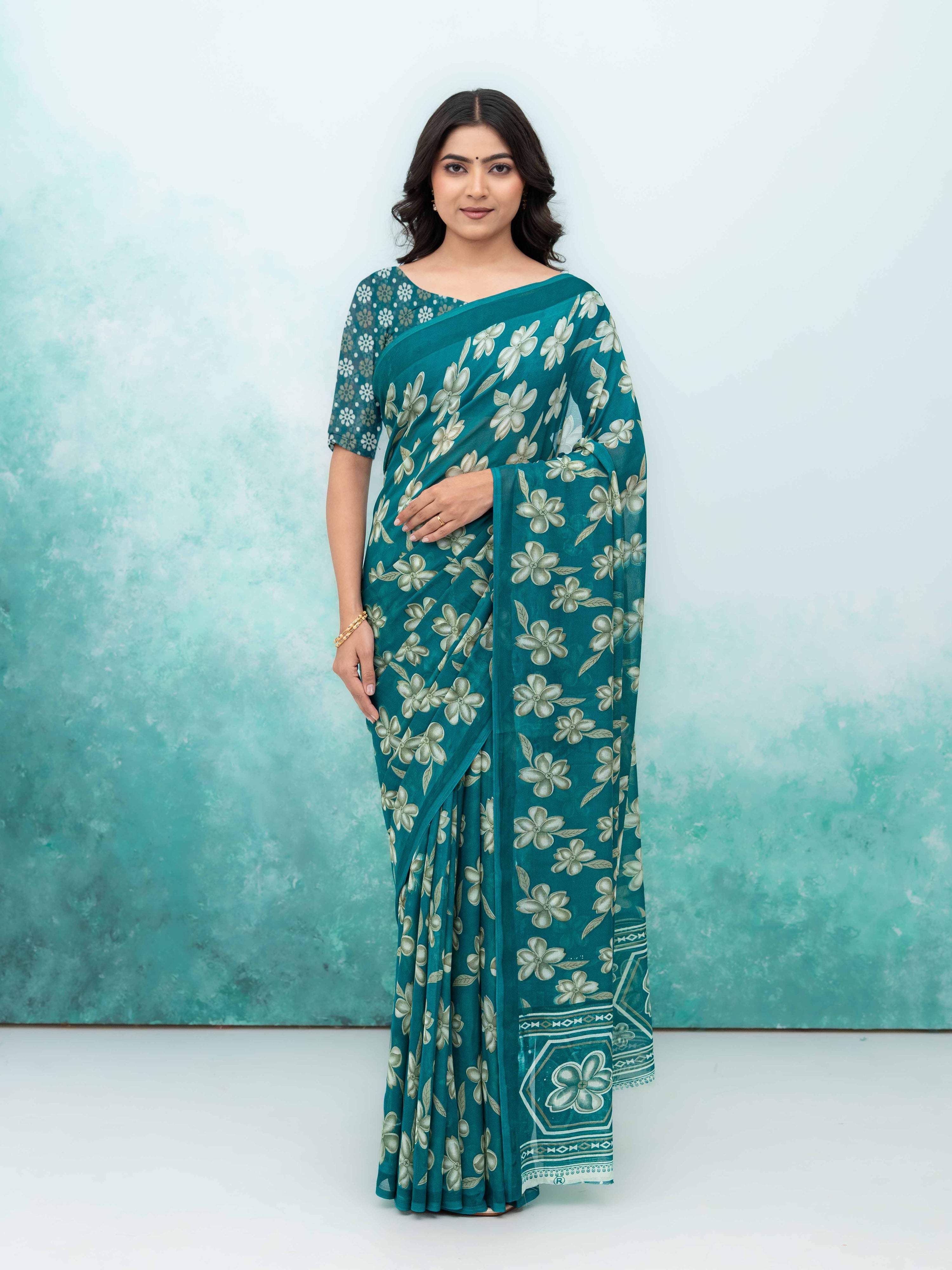 Teal Blue Georgette Saree