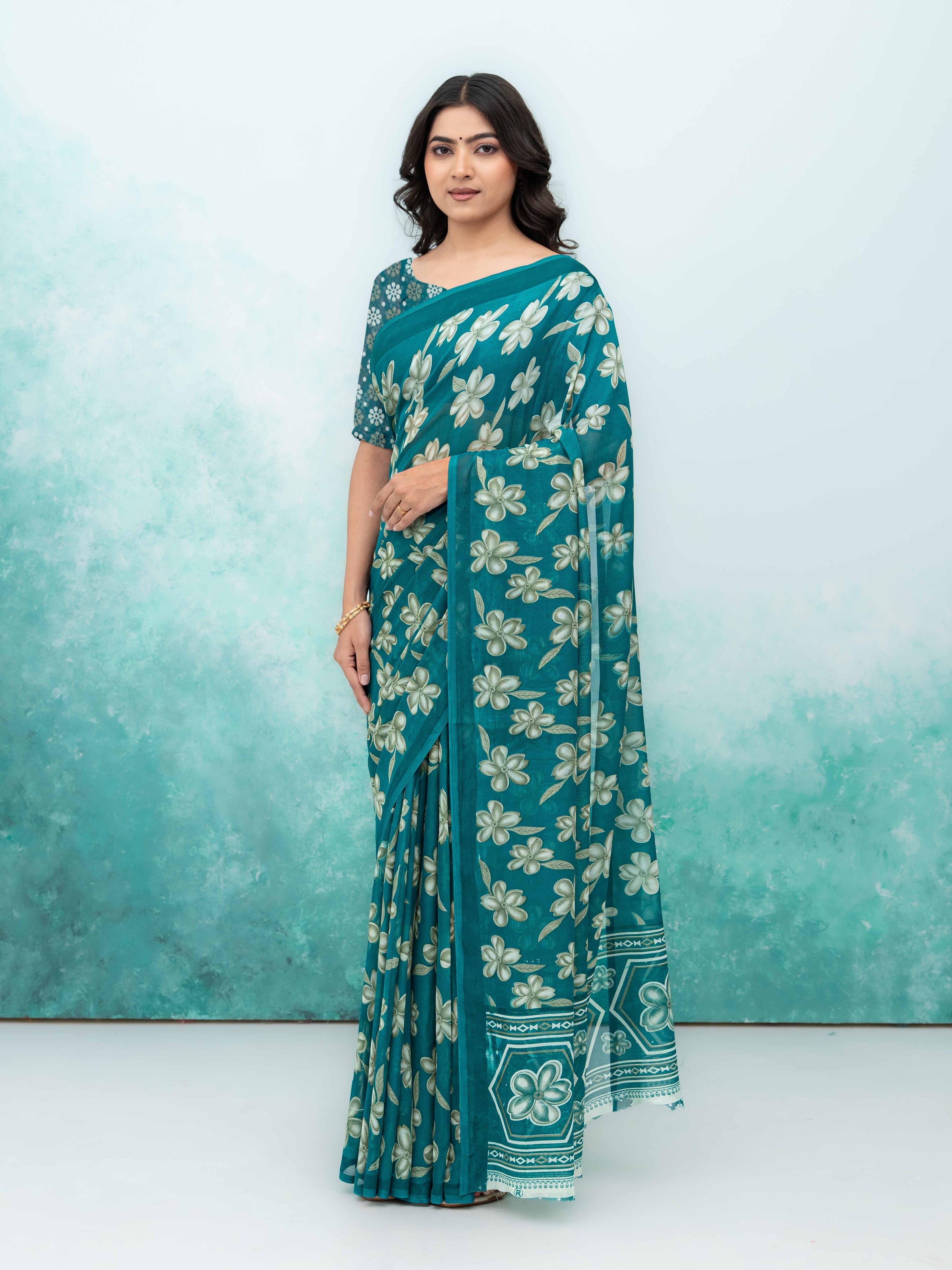 Teal Blue Georgette Saree