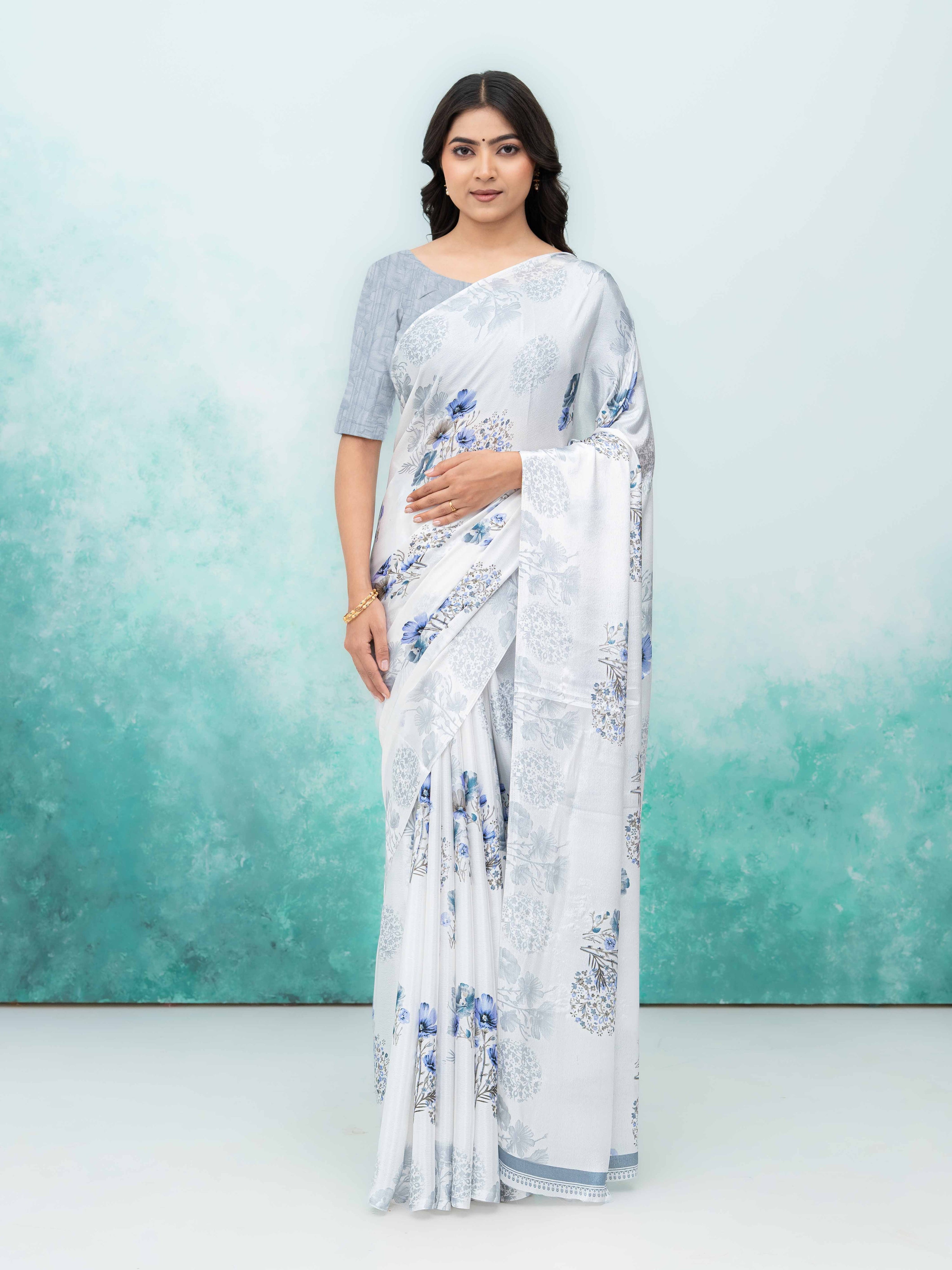 White & Gray Coral Silk Saree