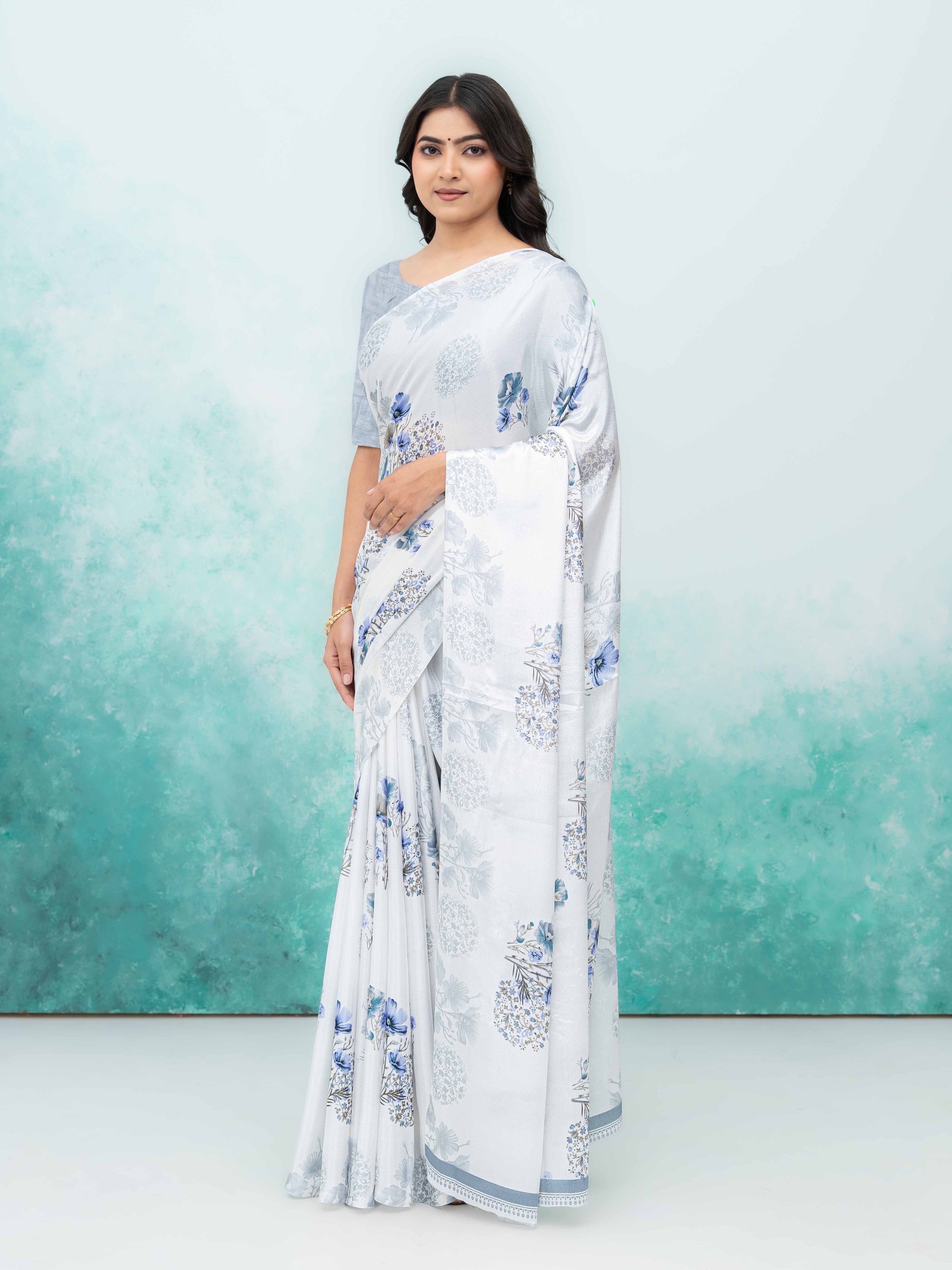 White & Gray Coral Silk Saree