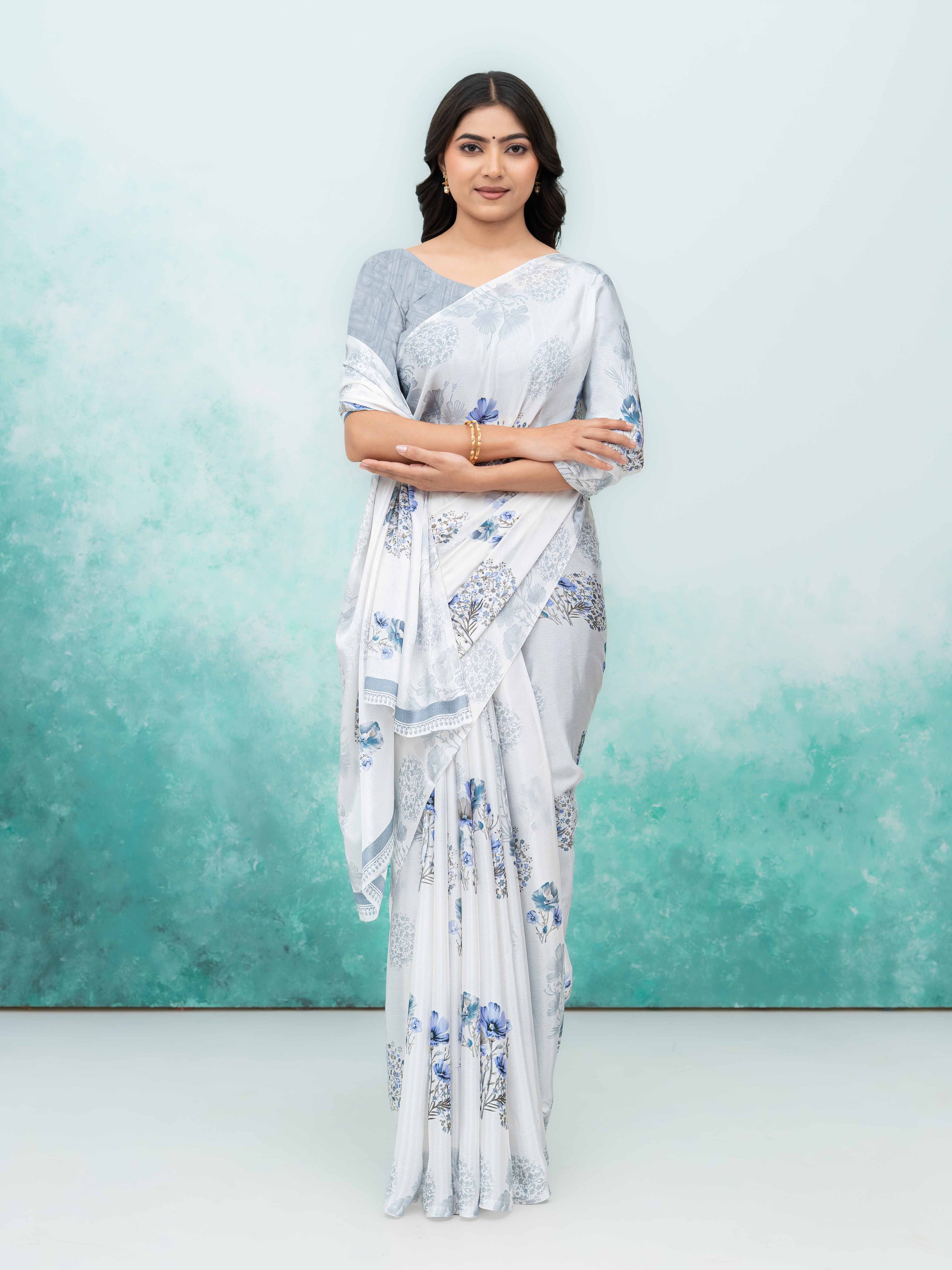White & Gray Coral Silk Saree