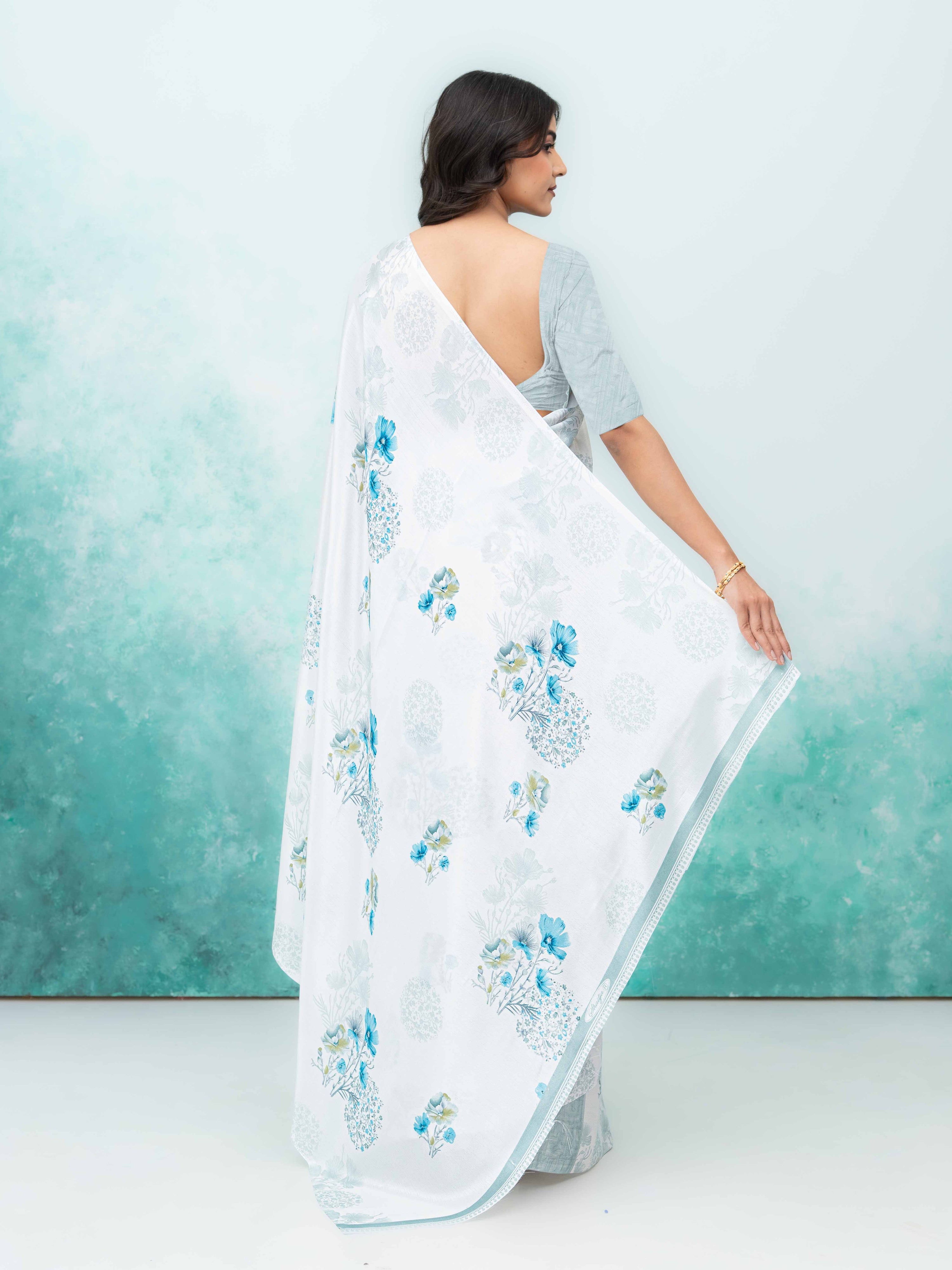 White & Sky Blue Coral Silk Saree