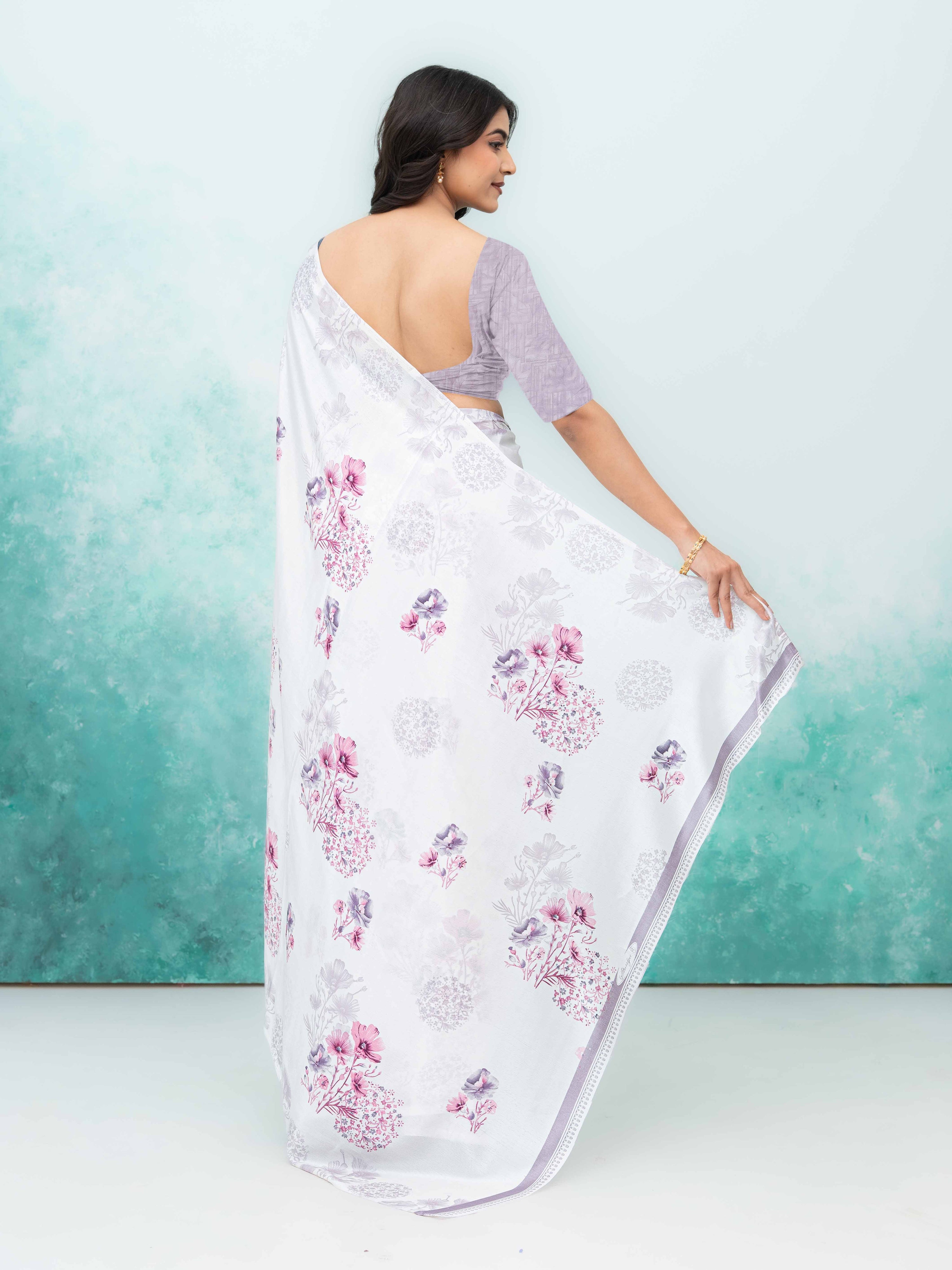 White & Pink Coral Silk Saree
