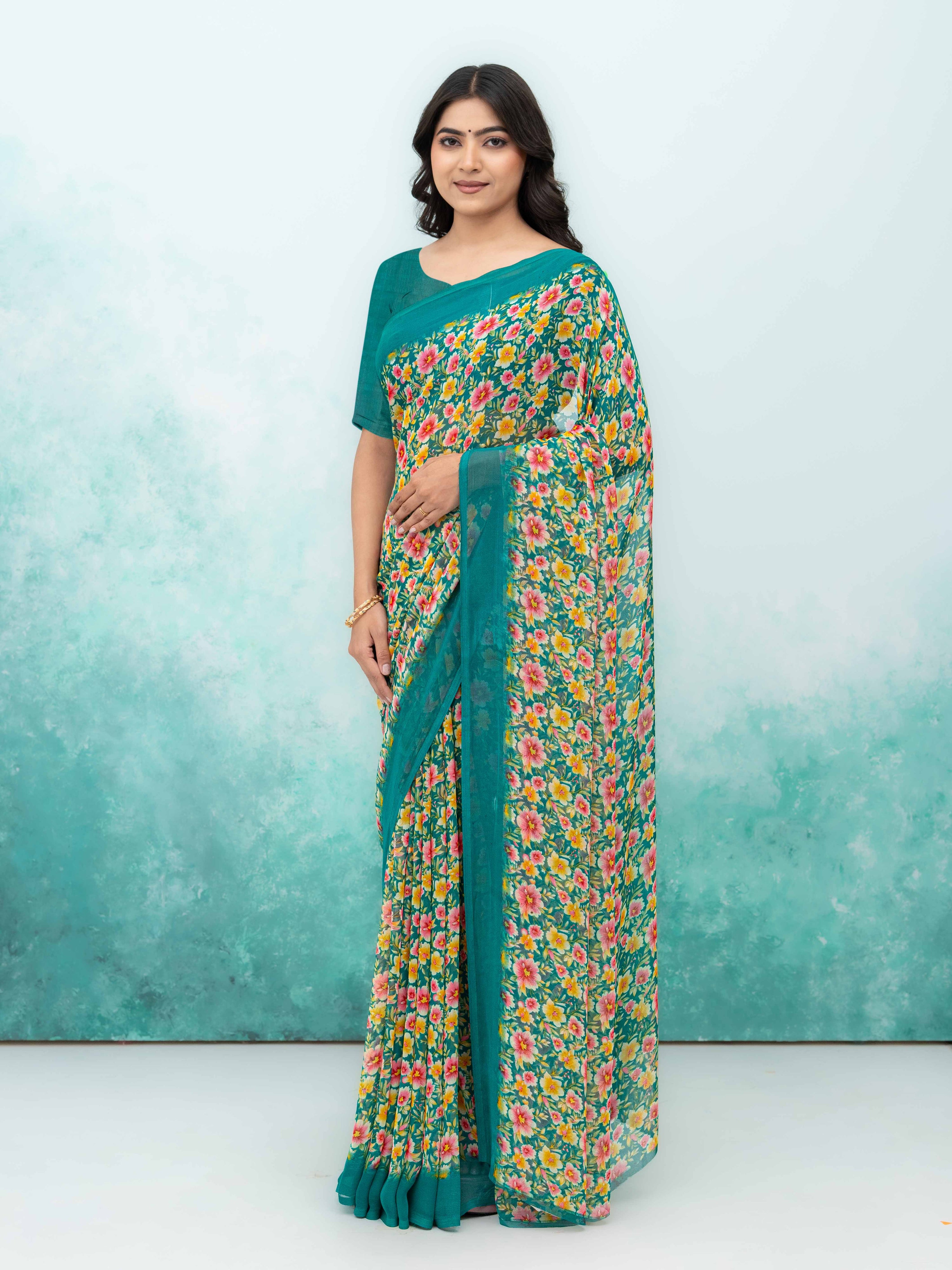 Teal Blue Georgette Saree