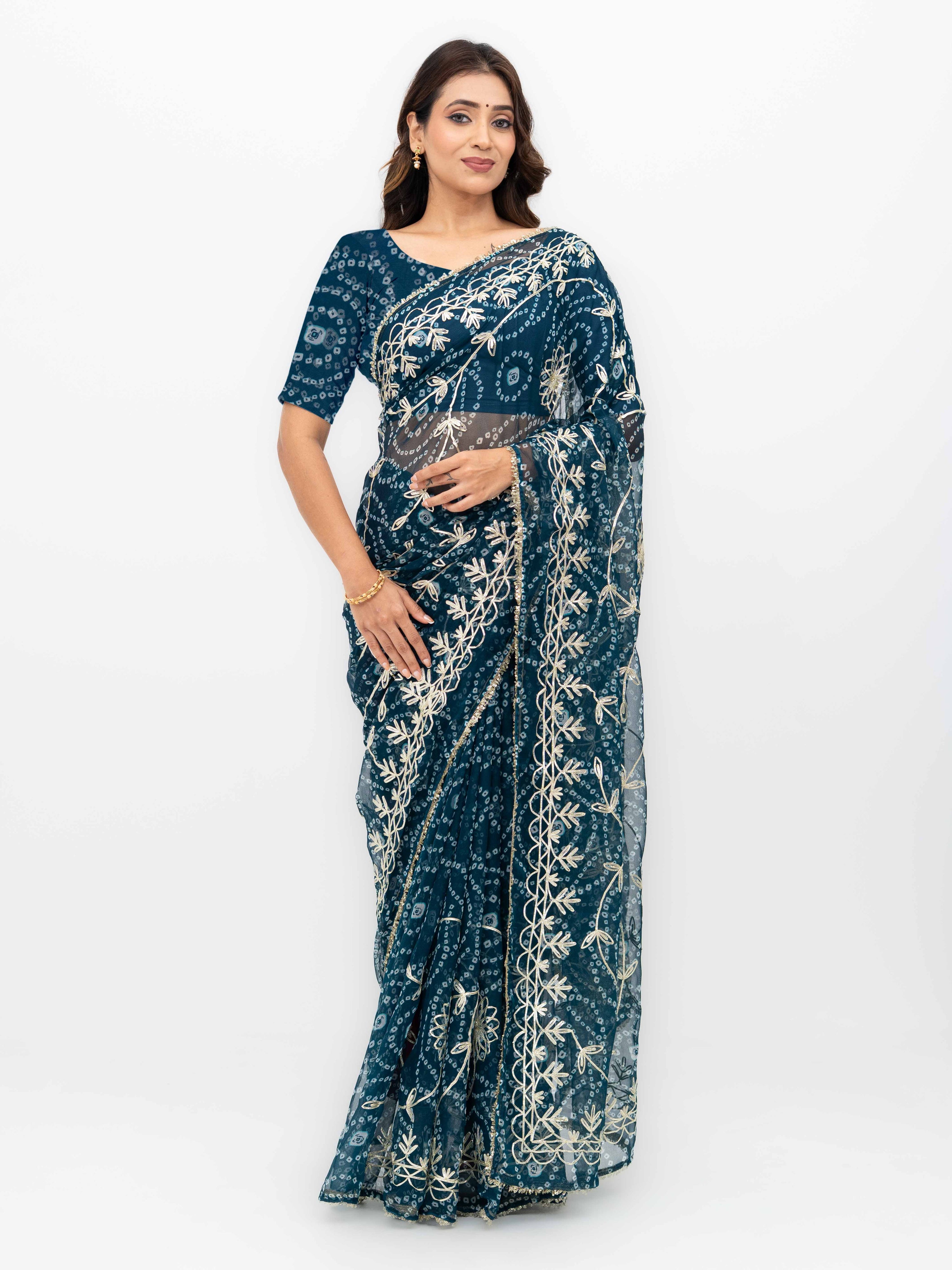 Teal Pure Georgette Gotta Bandhej Saree