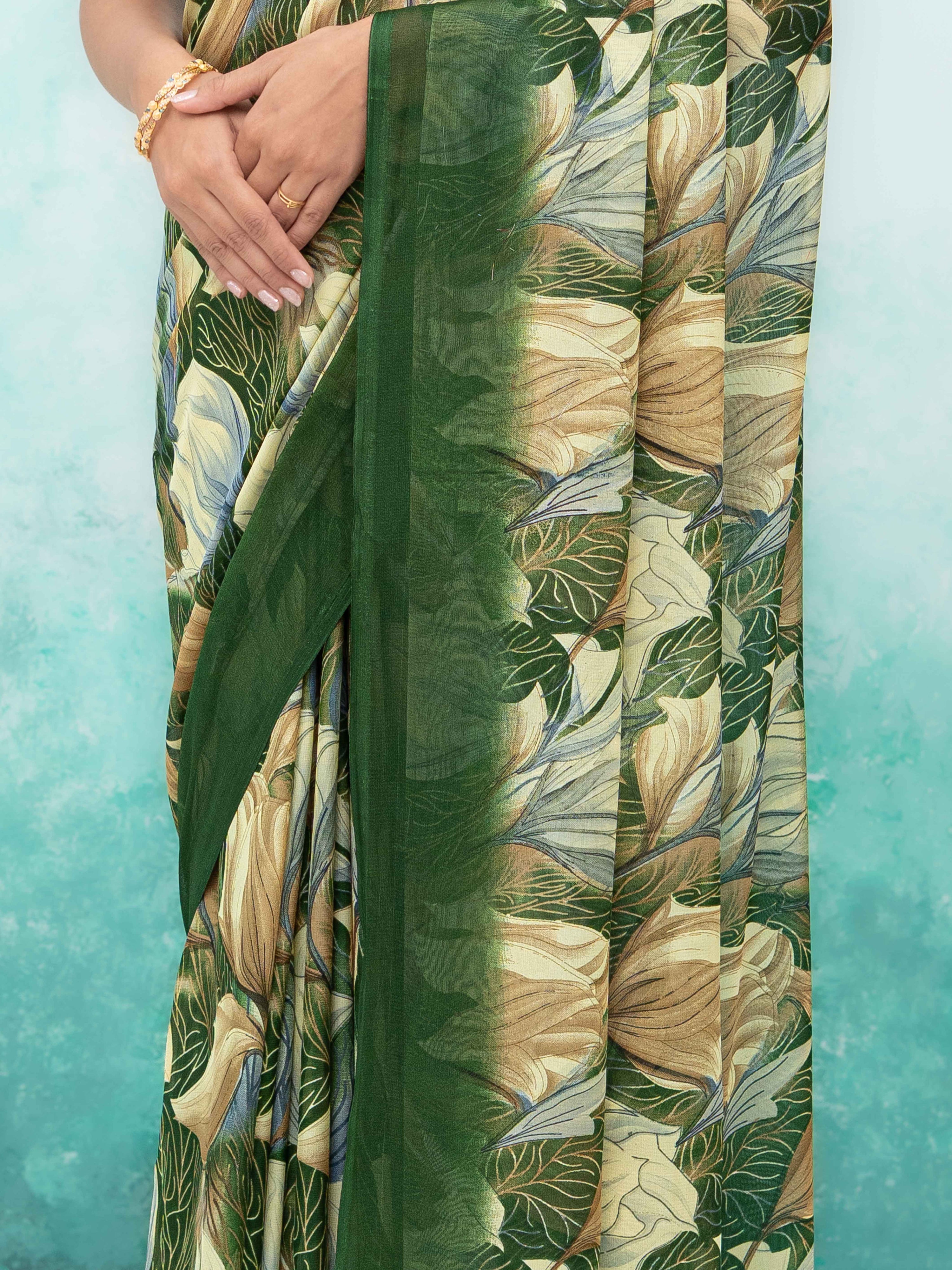 Olive Green Georgette Chiffon Saree