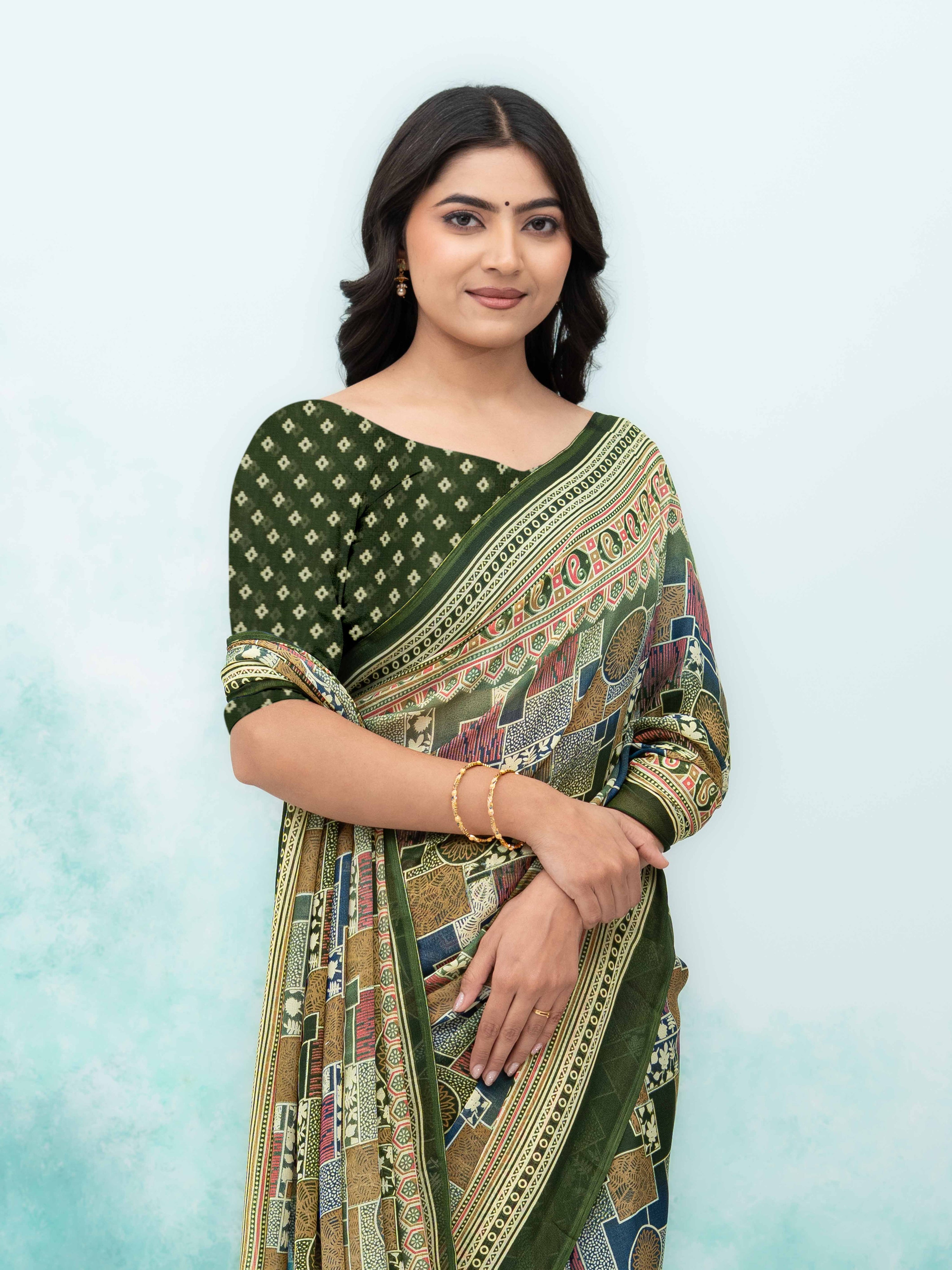 Olive Green Poly Viscose Saree