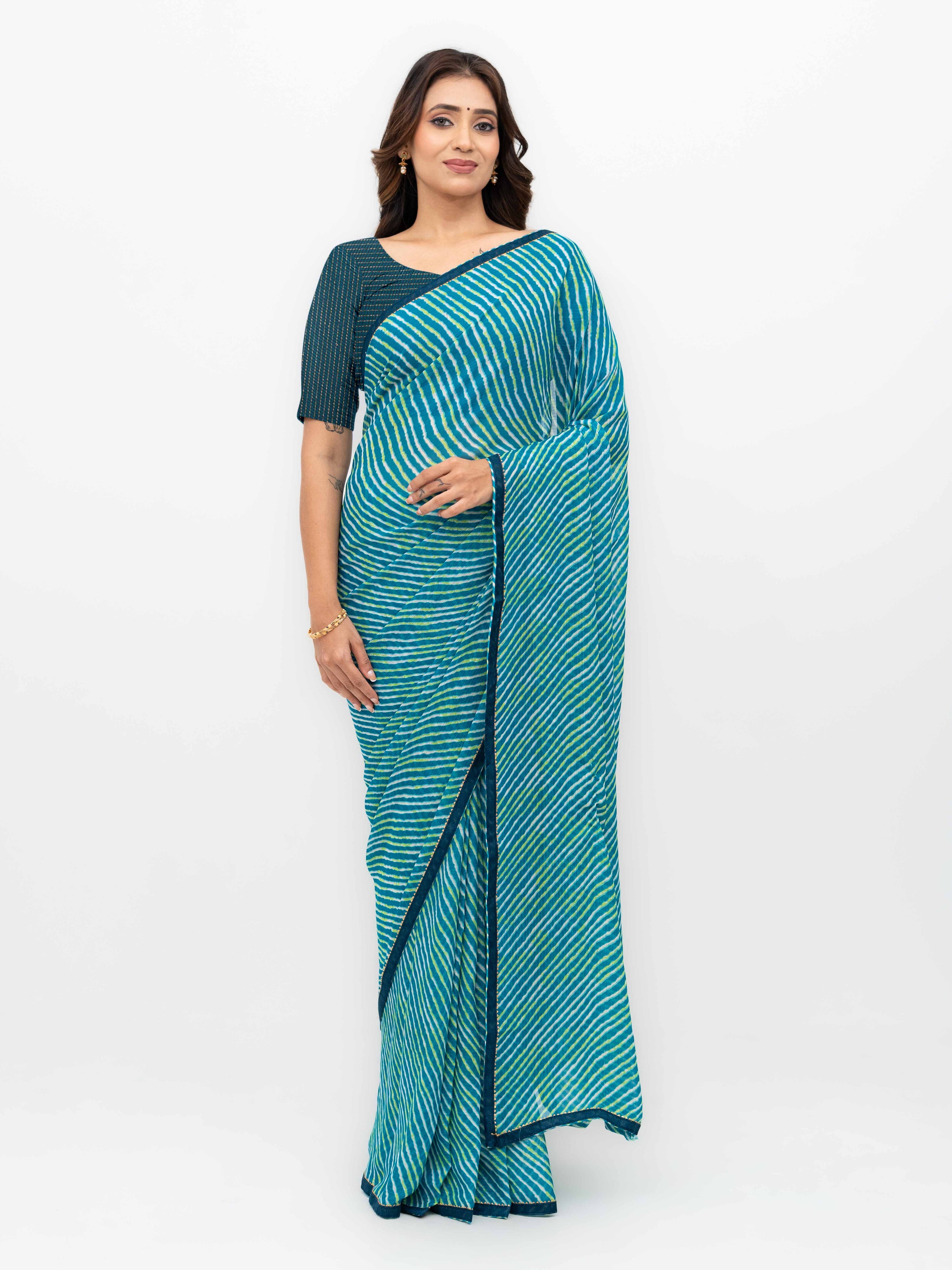 Teal Blue Georgette Leheriya Saree