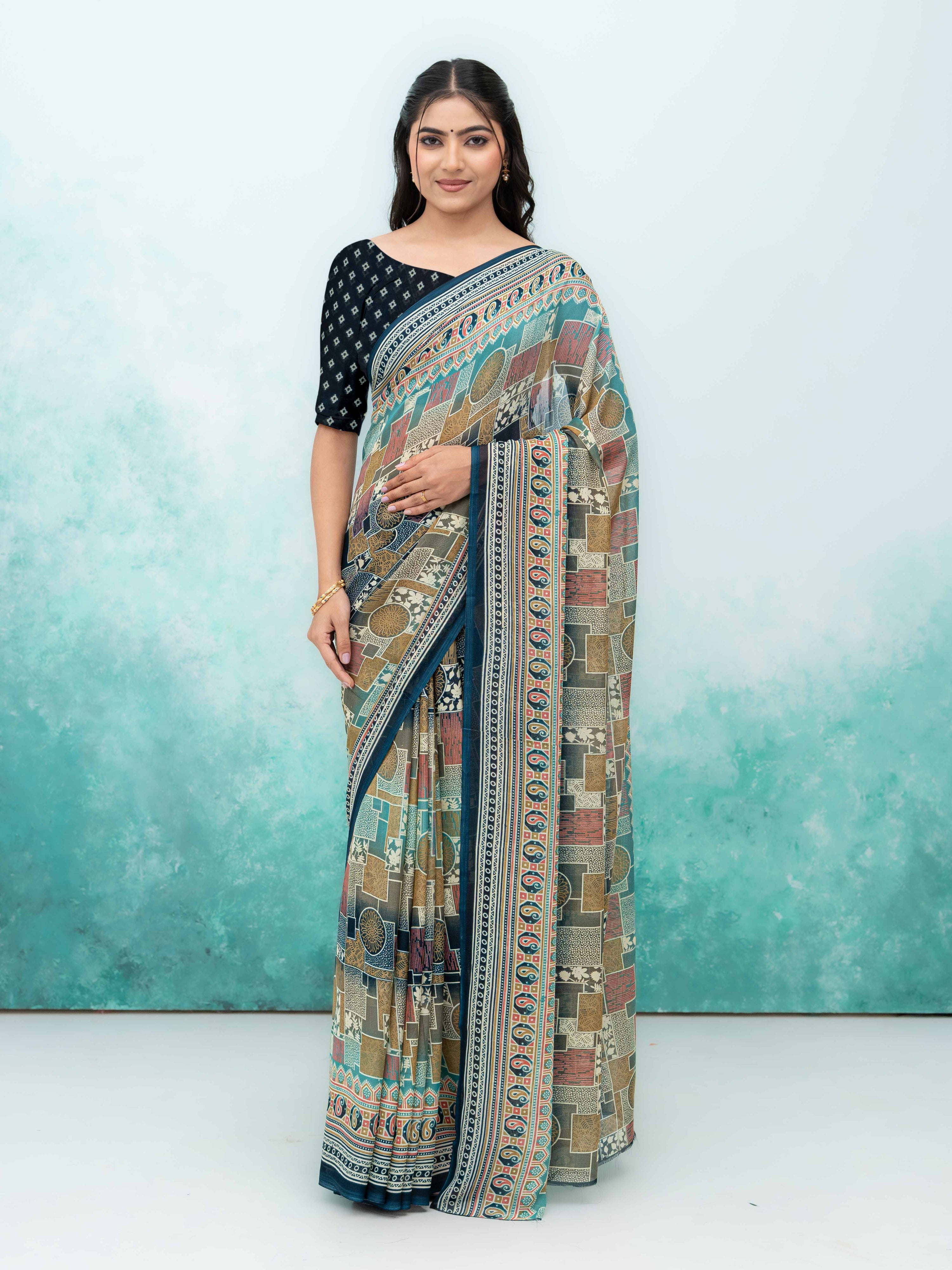 Navy Blue Poly Viscose Saree