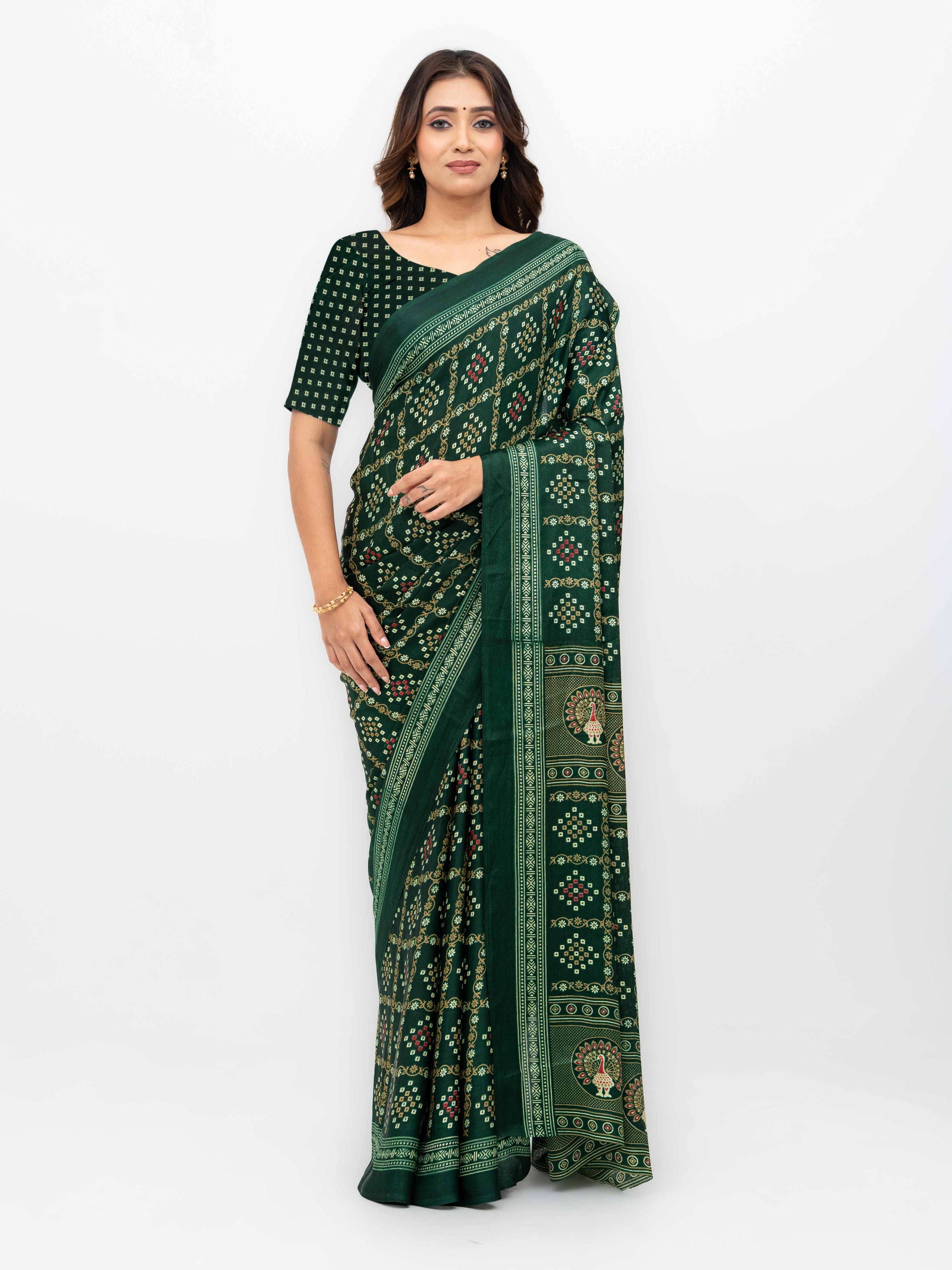 Dark Green Semi Crepe Bandhani Saree
