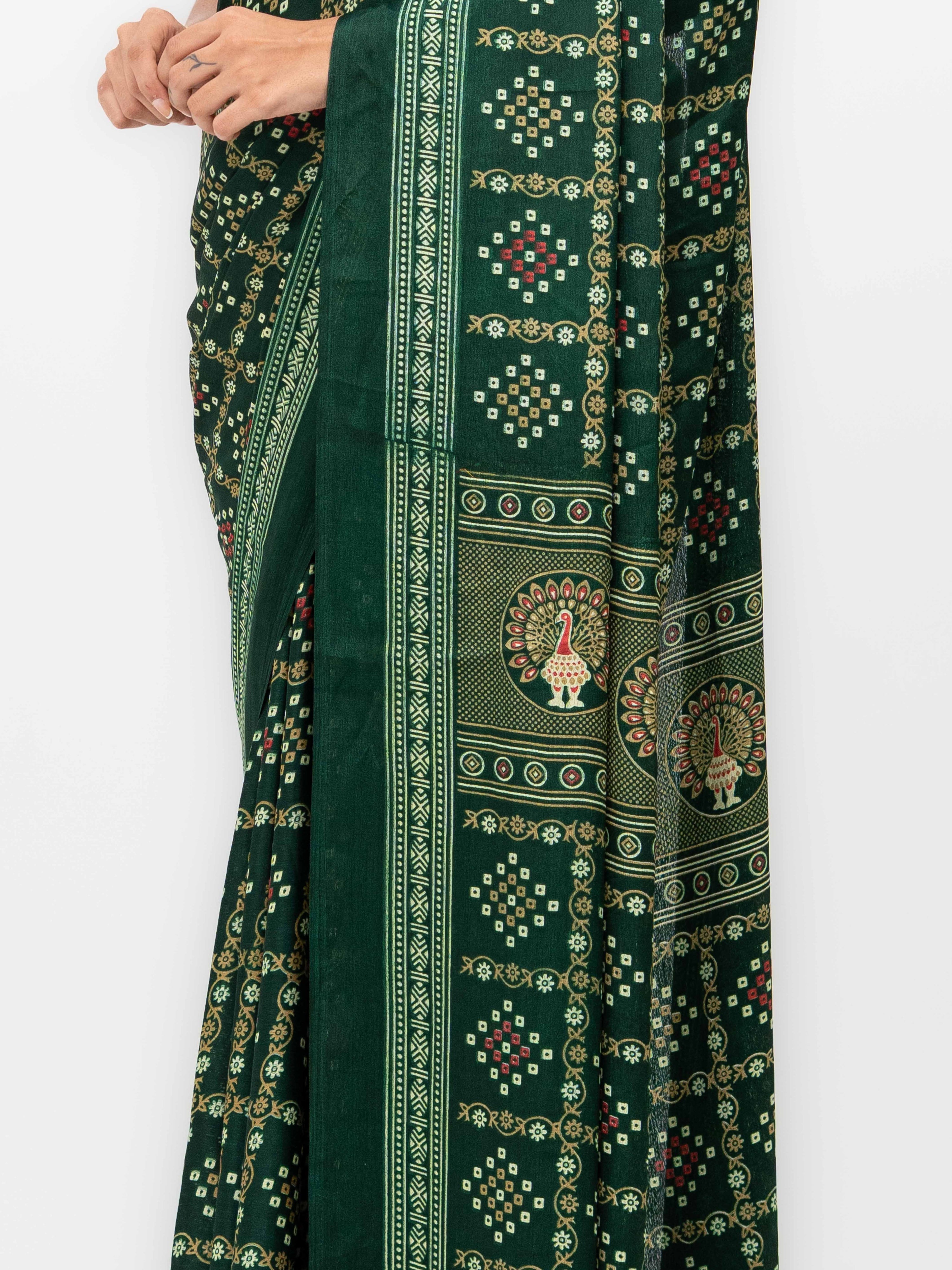 Dark Green Semi Crepe Bandhani Saree