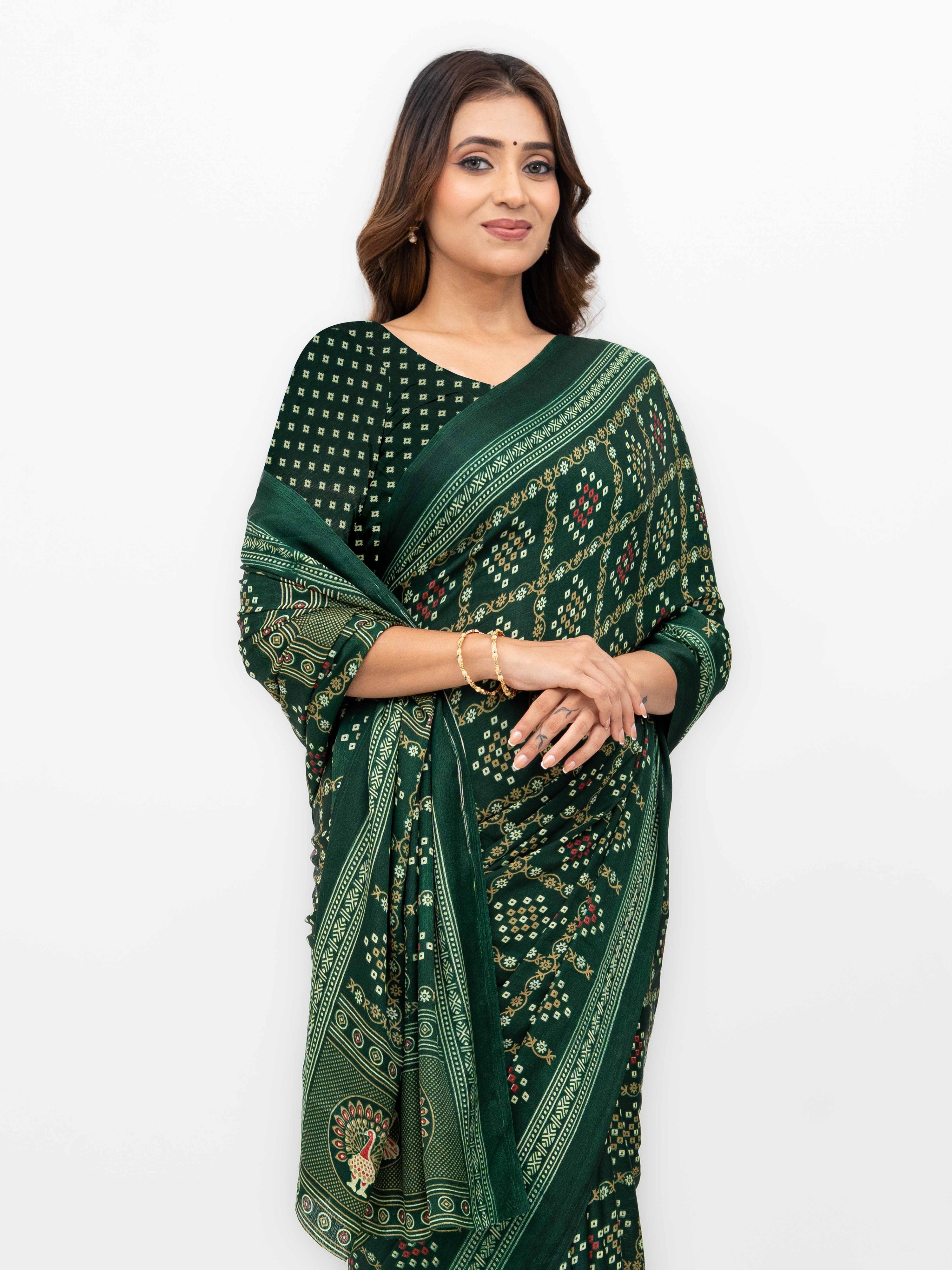 Dark Green Semi Crepe Bandhani Saree