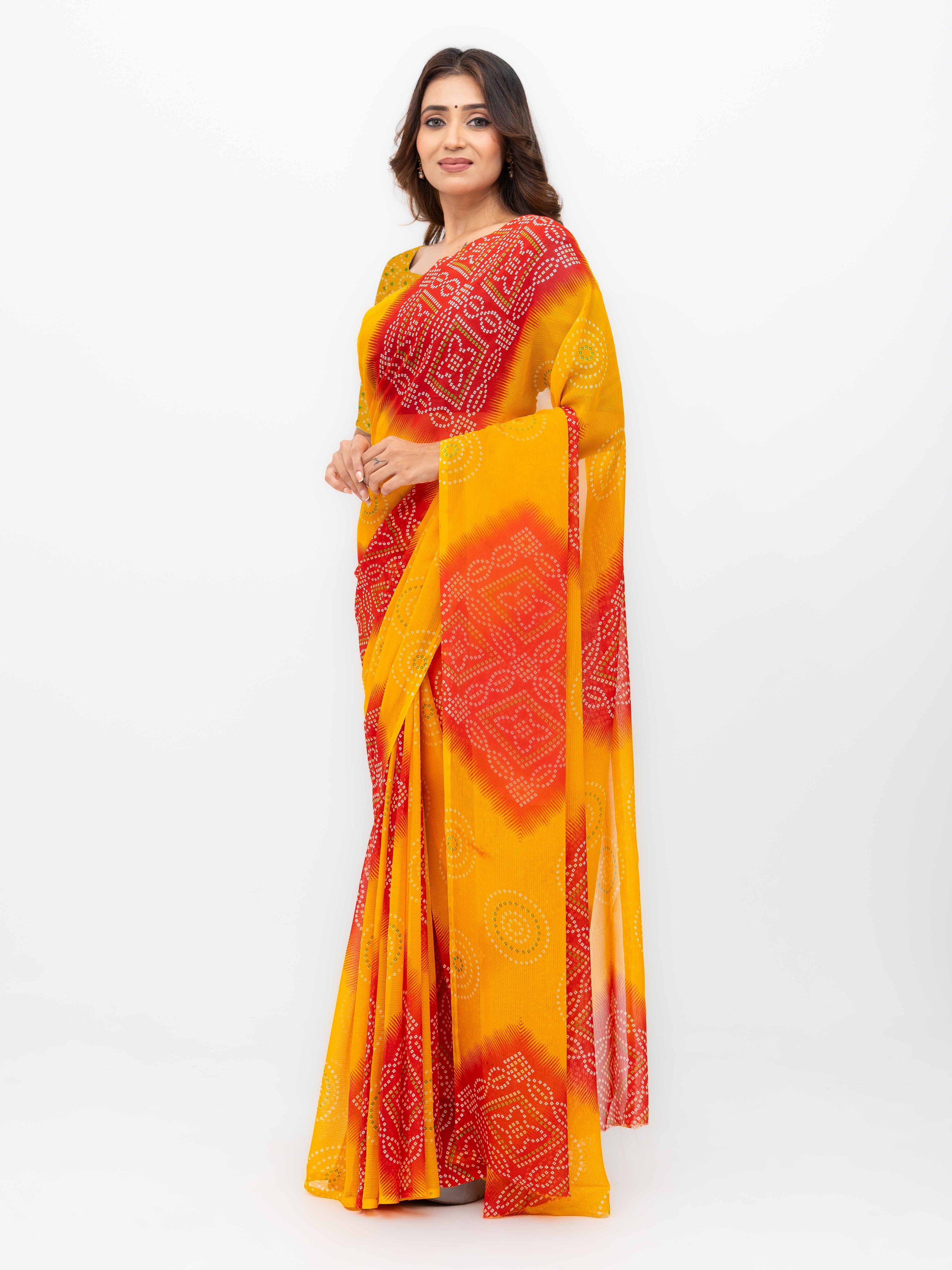 Yellow & Red Georgette Saree