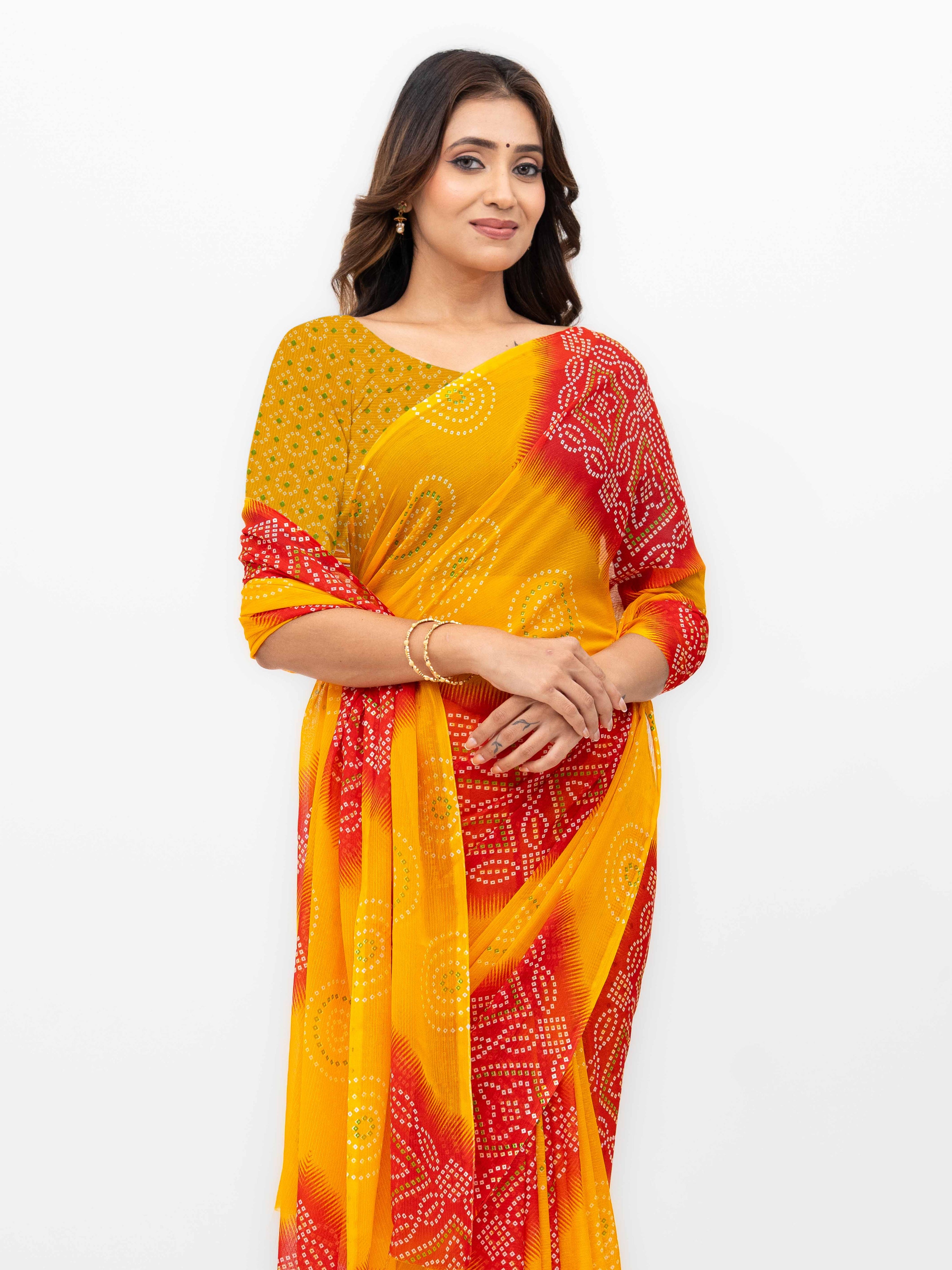 Yellow & Red Georgette Saree