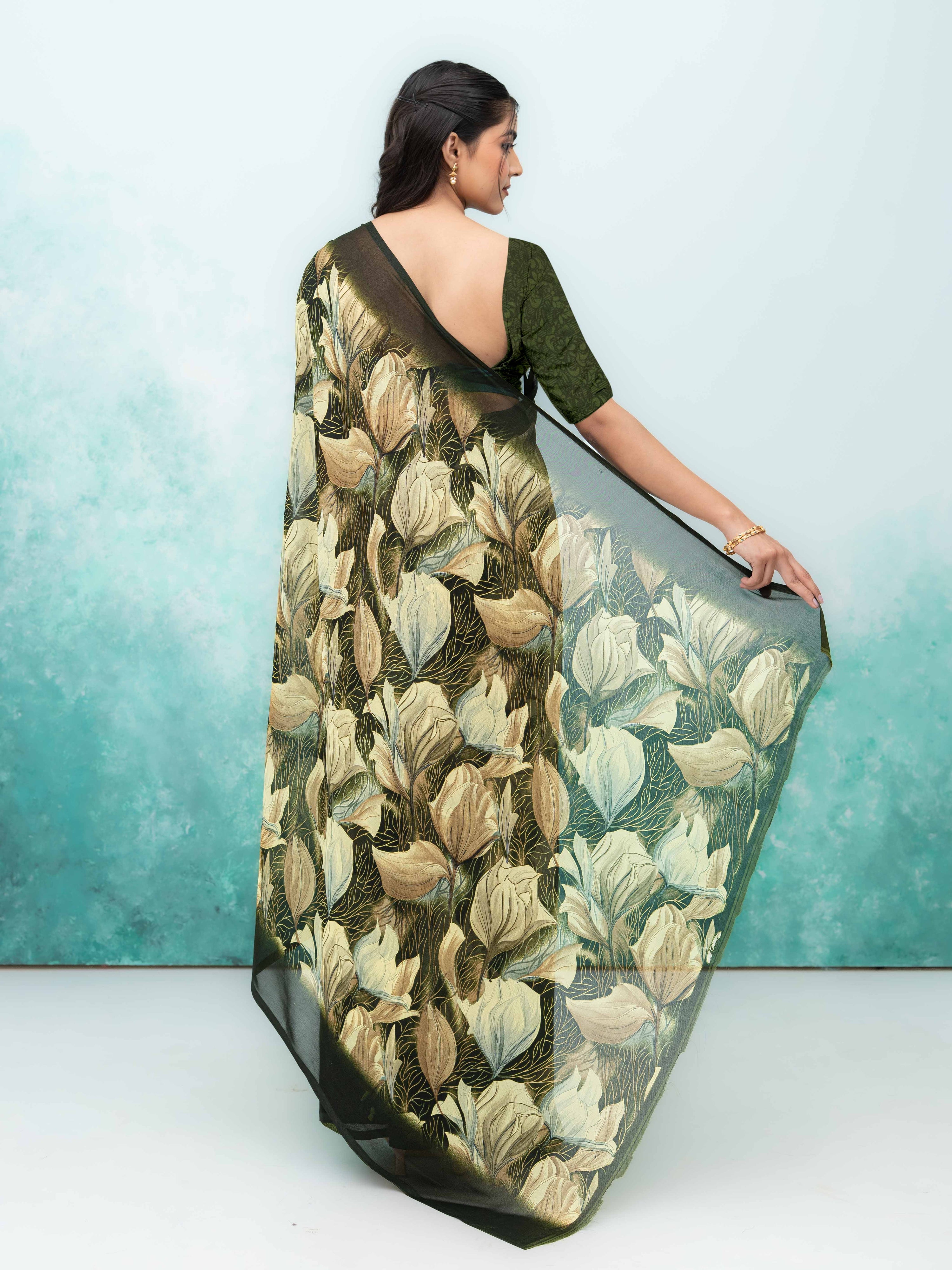 Olive Green Georgette Chiffon Saree