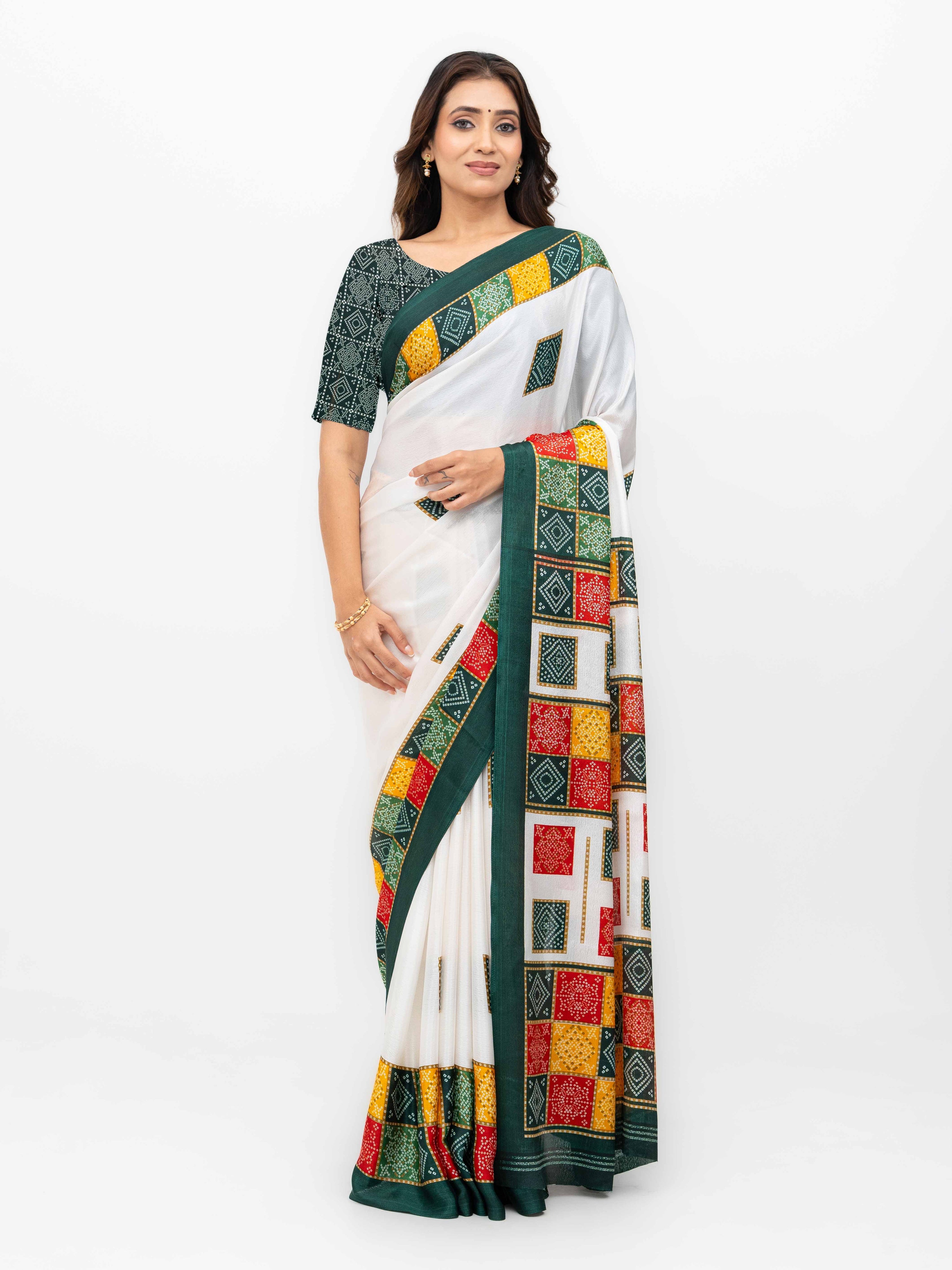 White With Green Art Silk Saree