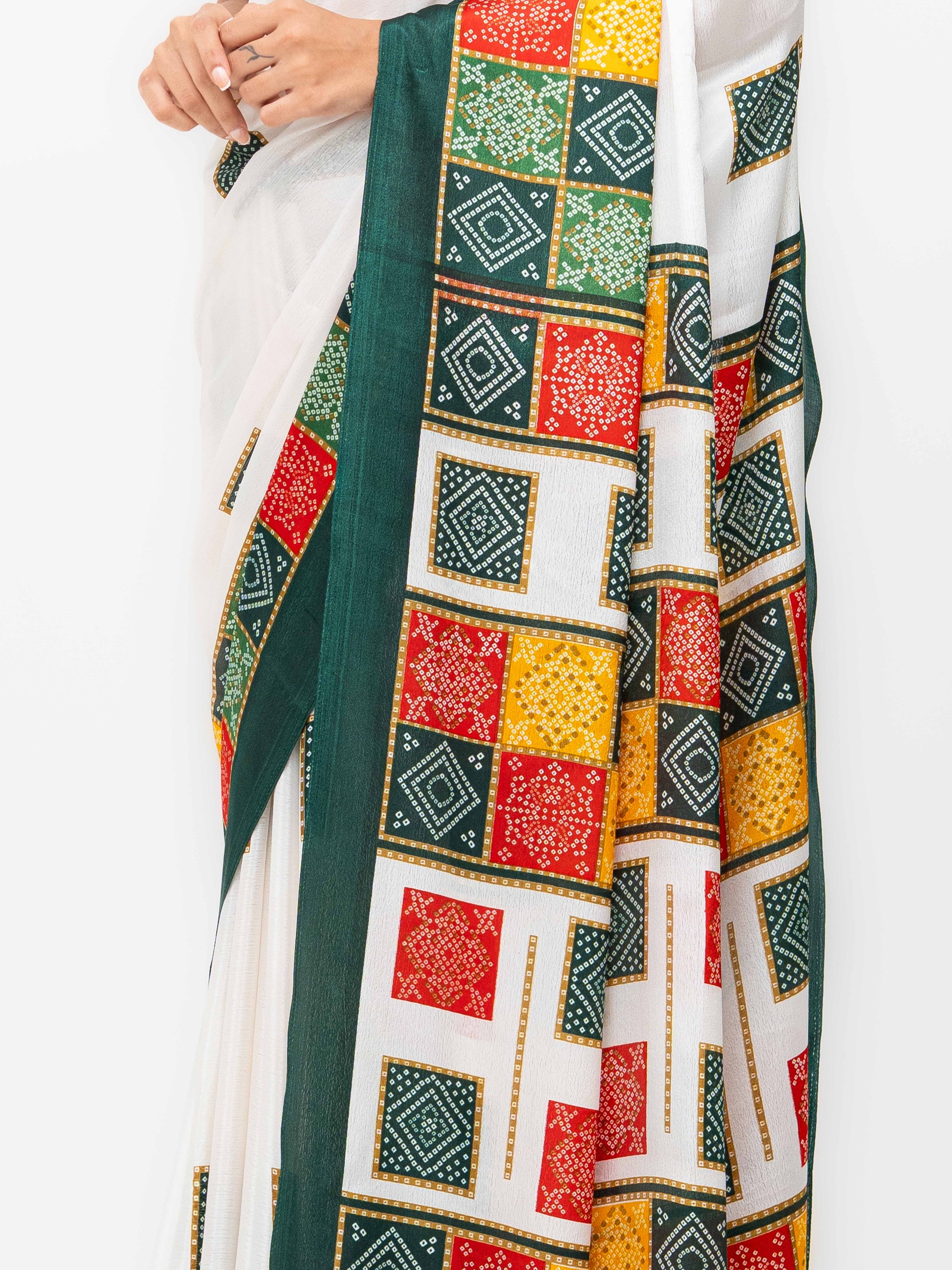 White With Green Art Silk Saree