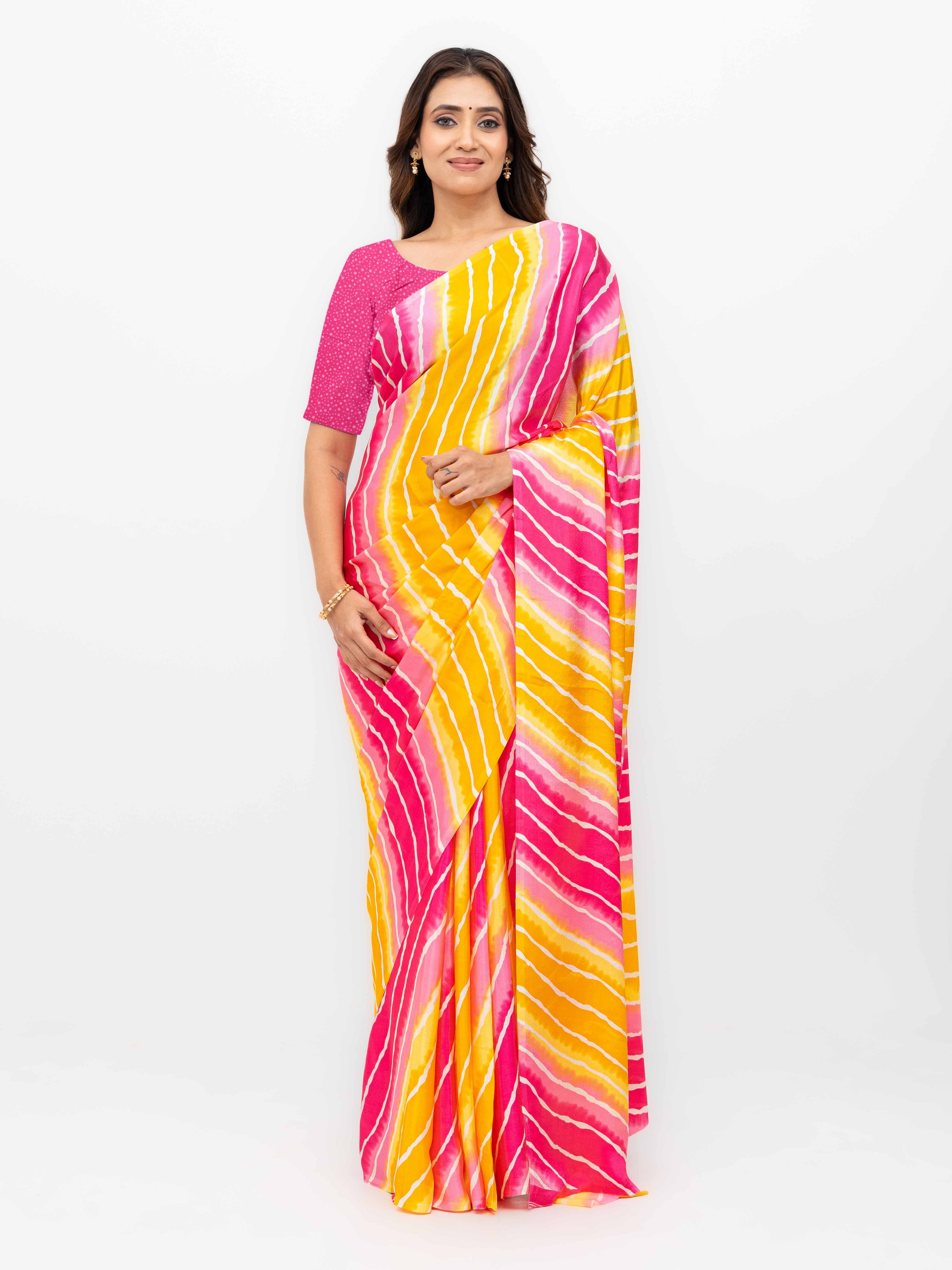 Pink & Yellow Coral Silk Saree