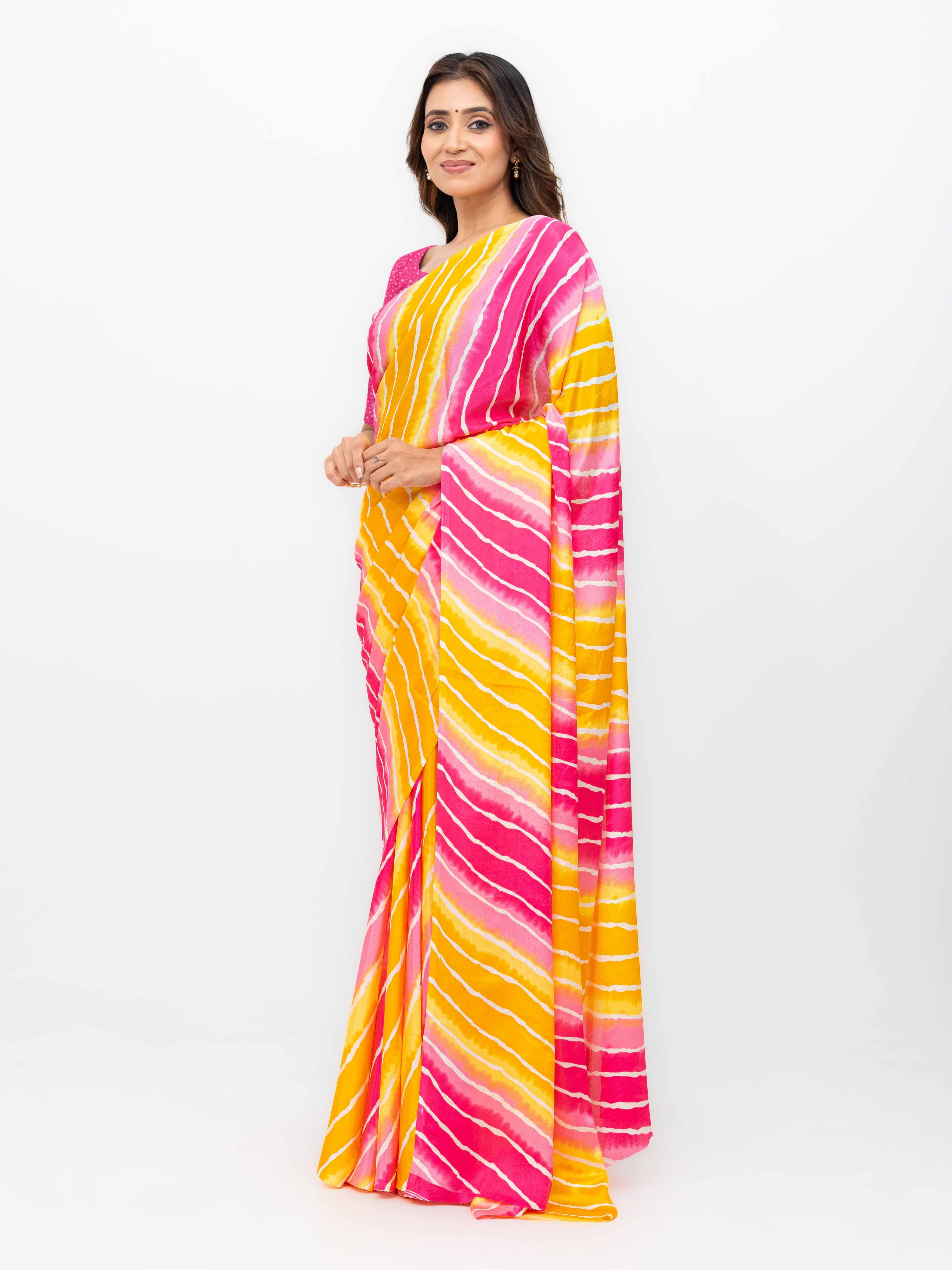 Pink & Yellow Coral Silk Saree