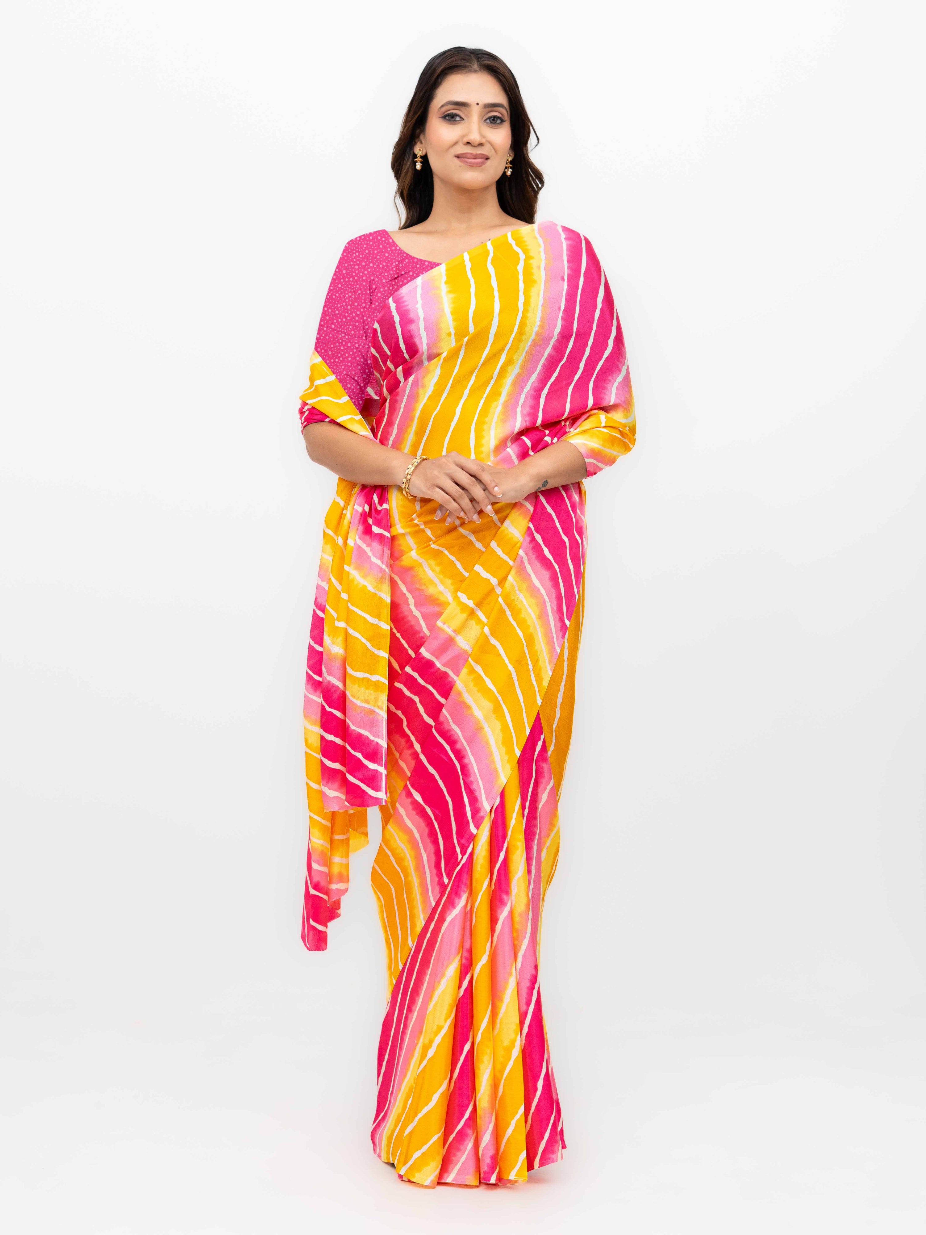 Pink & Yellow Coral Silk Saree