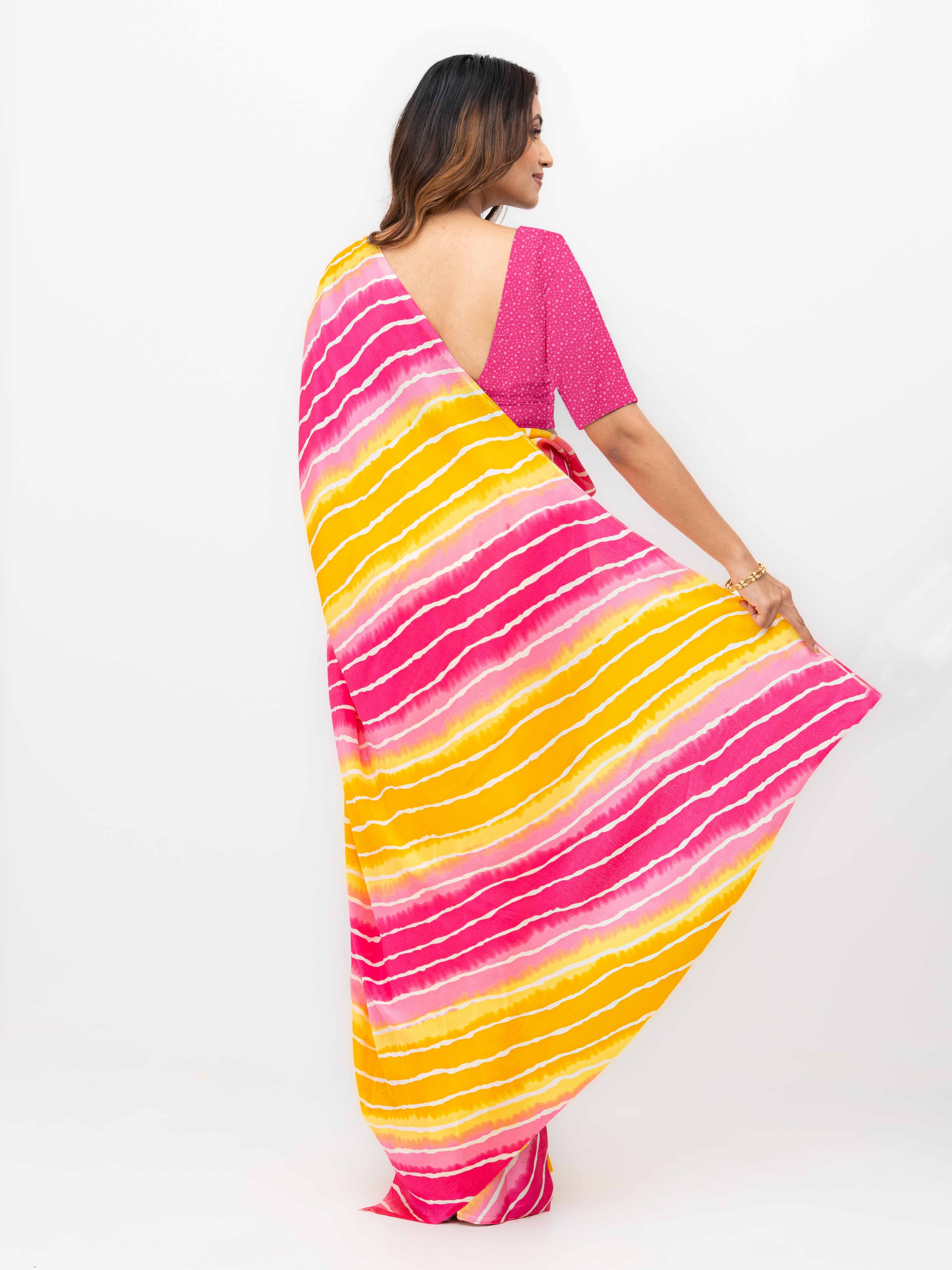 Pink & Yellow Coral Silk Saree