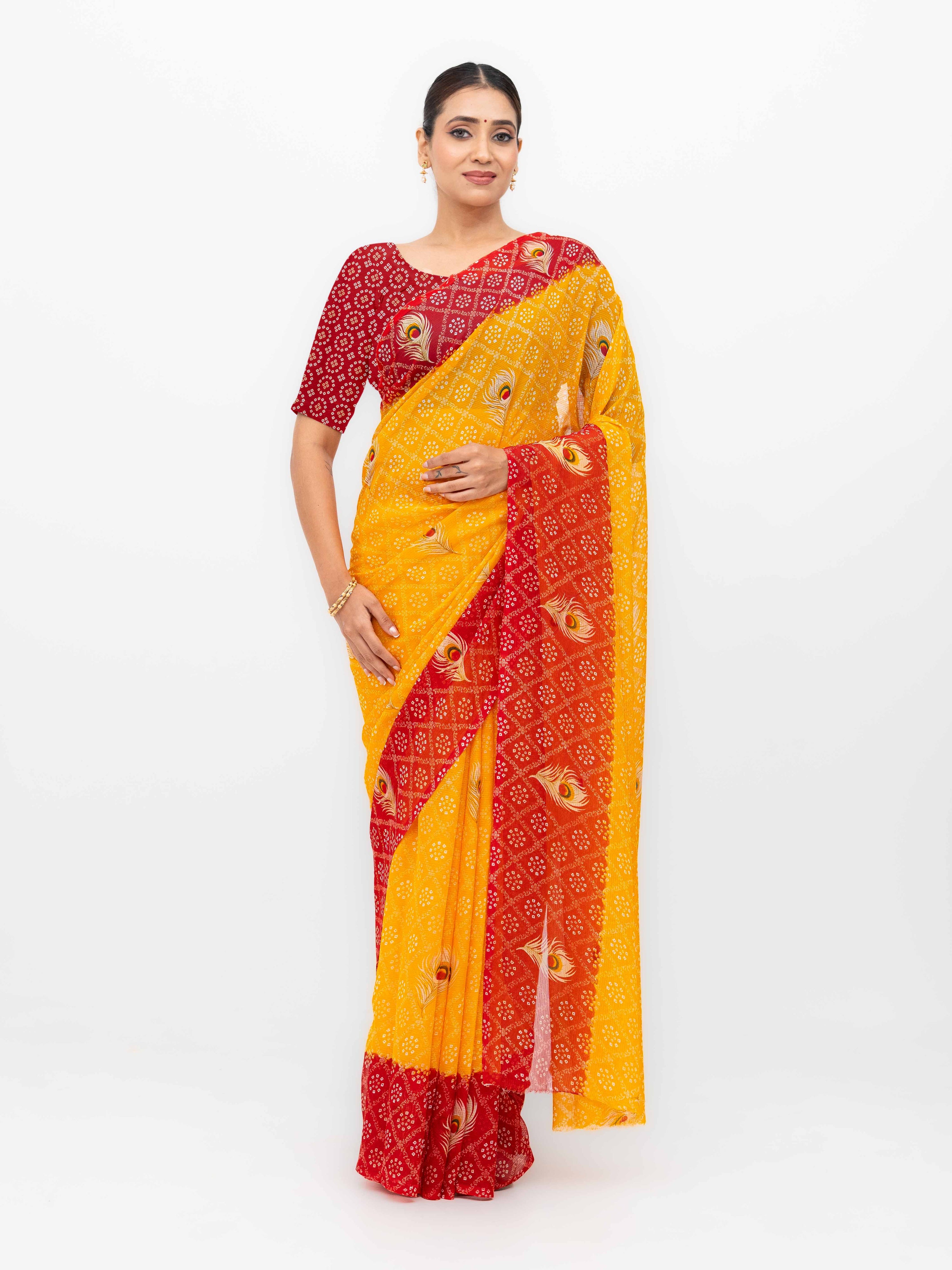 Yellow With Red Georgette Saree
