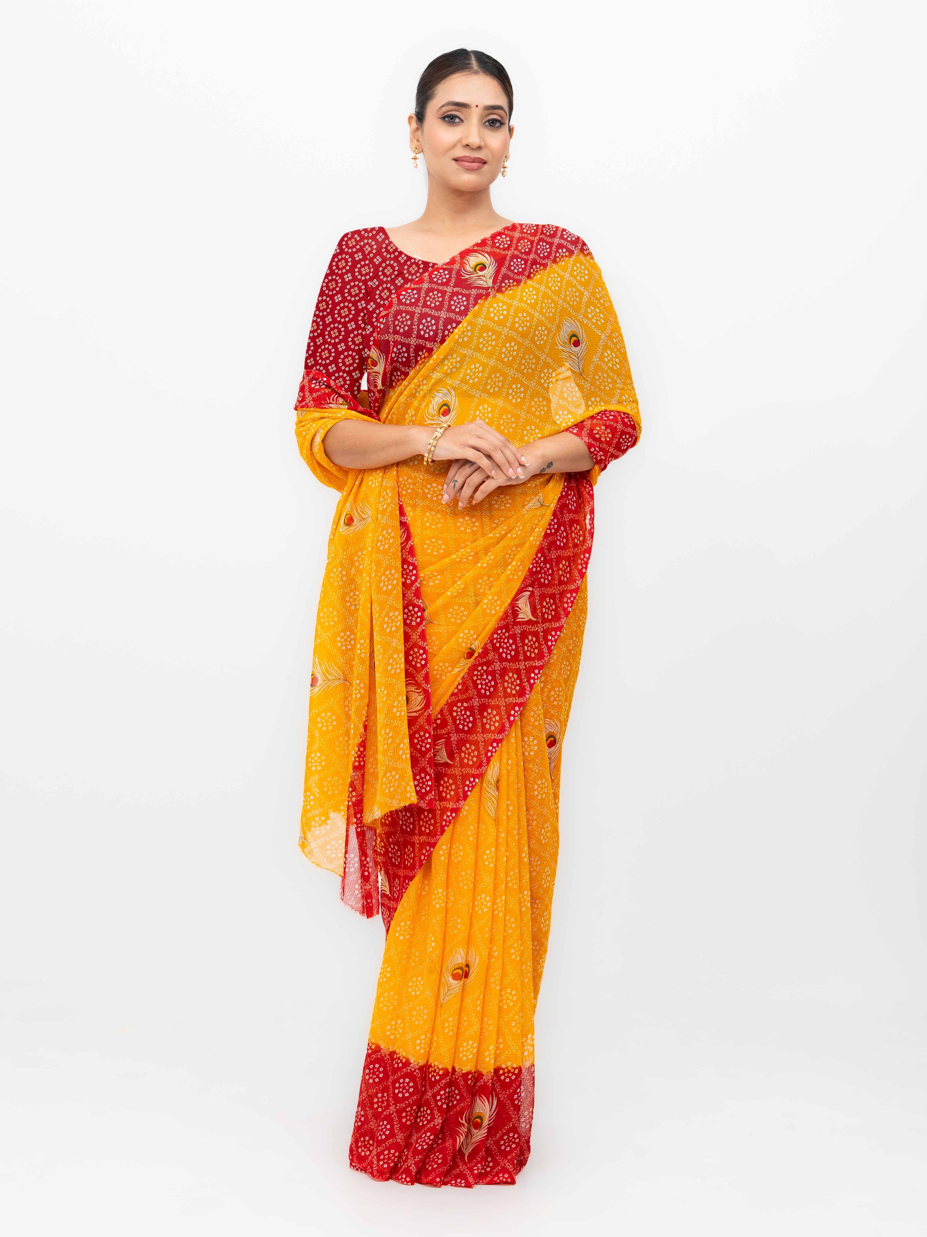 Yellow With Red Georgette Saree