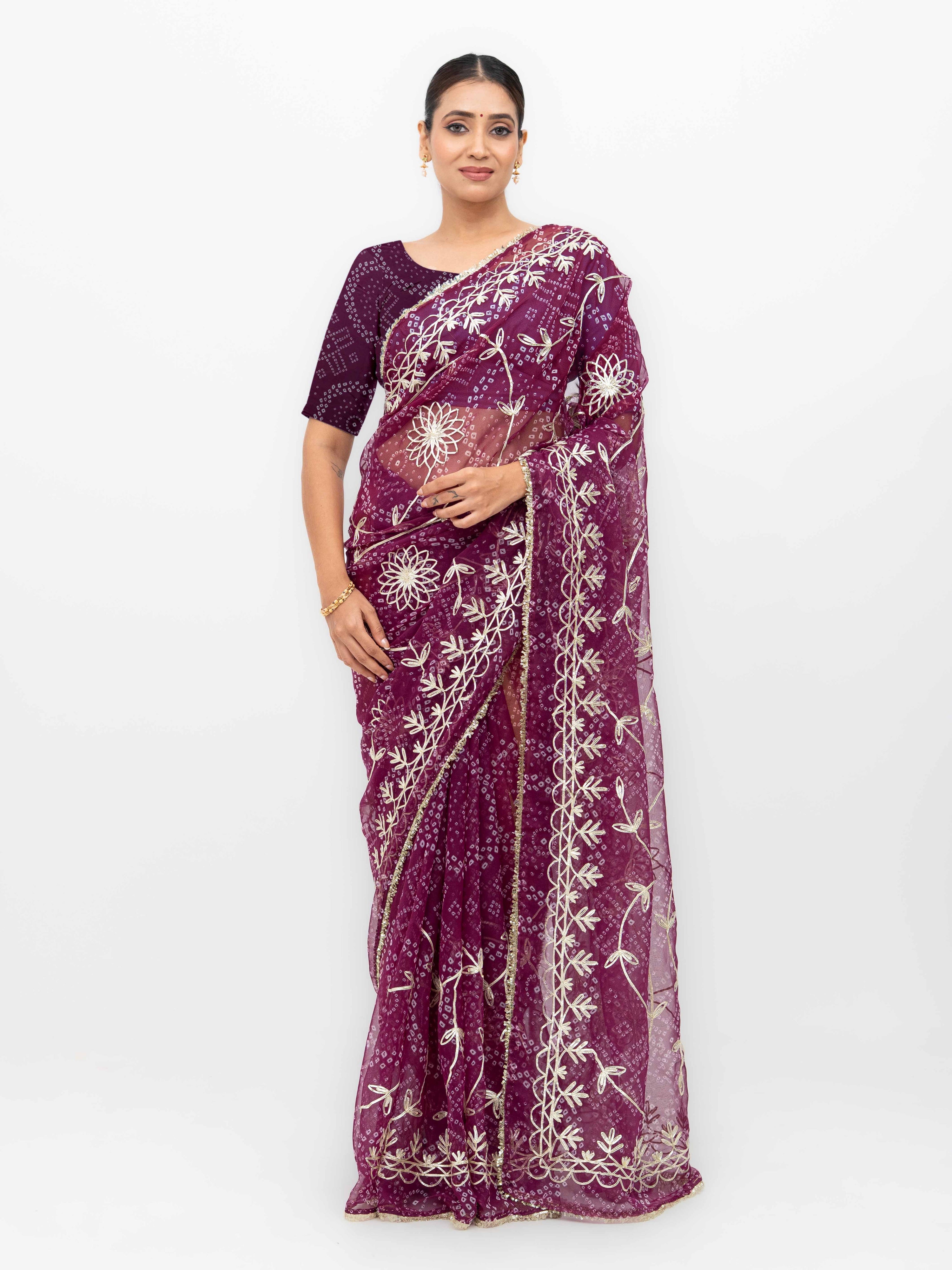 Wine Pure Georgette Gotta Bandhej Saree