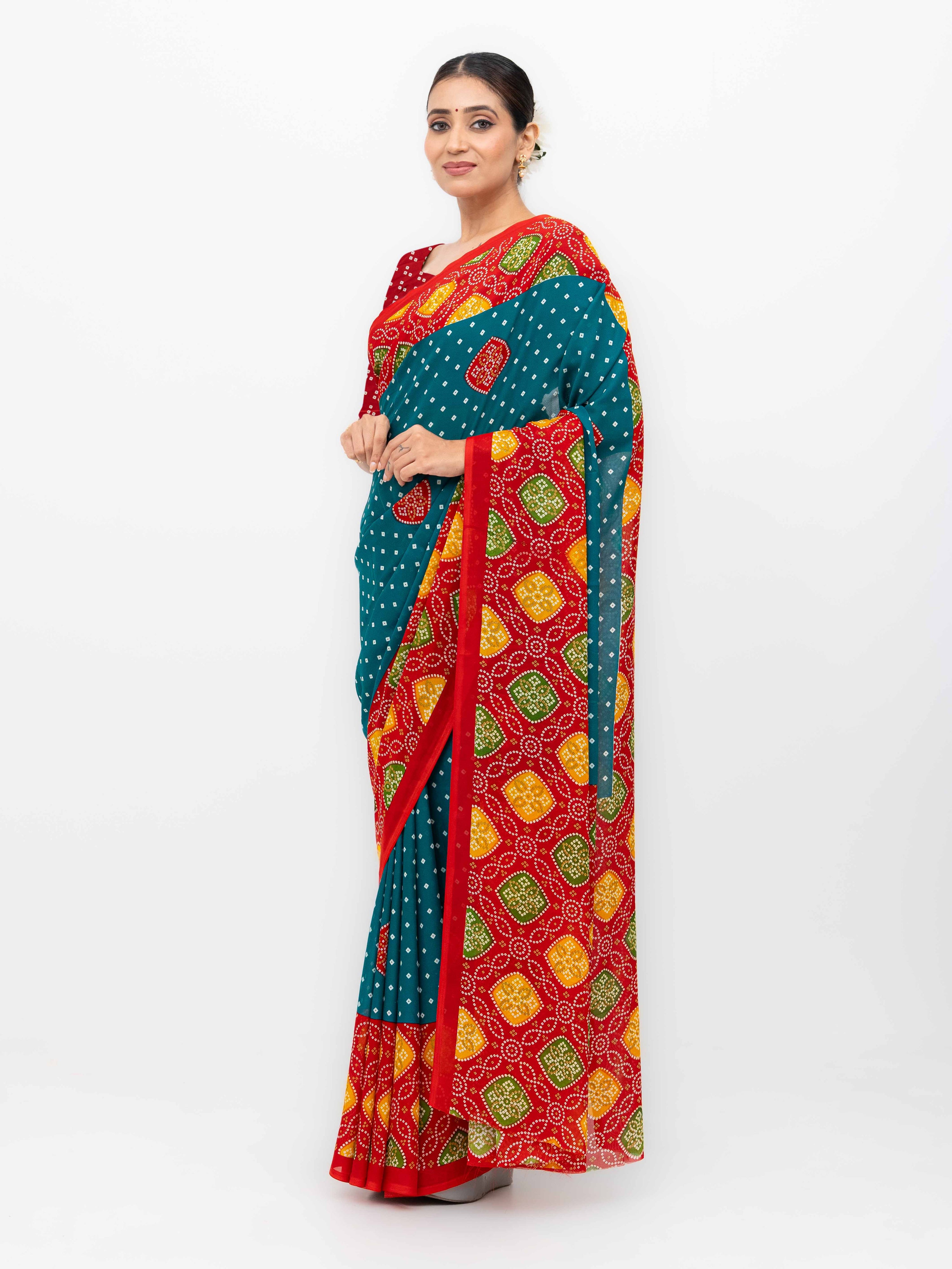 Teal blue Moss Bandhani Saree