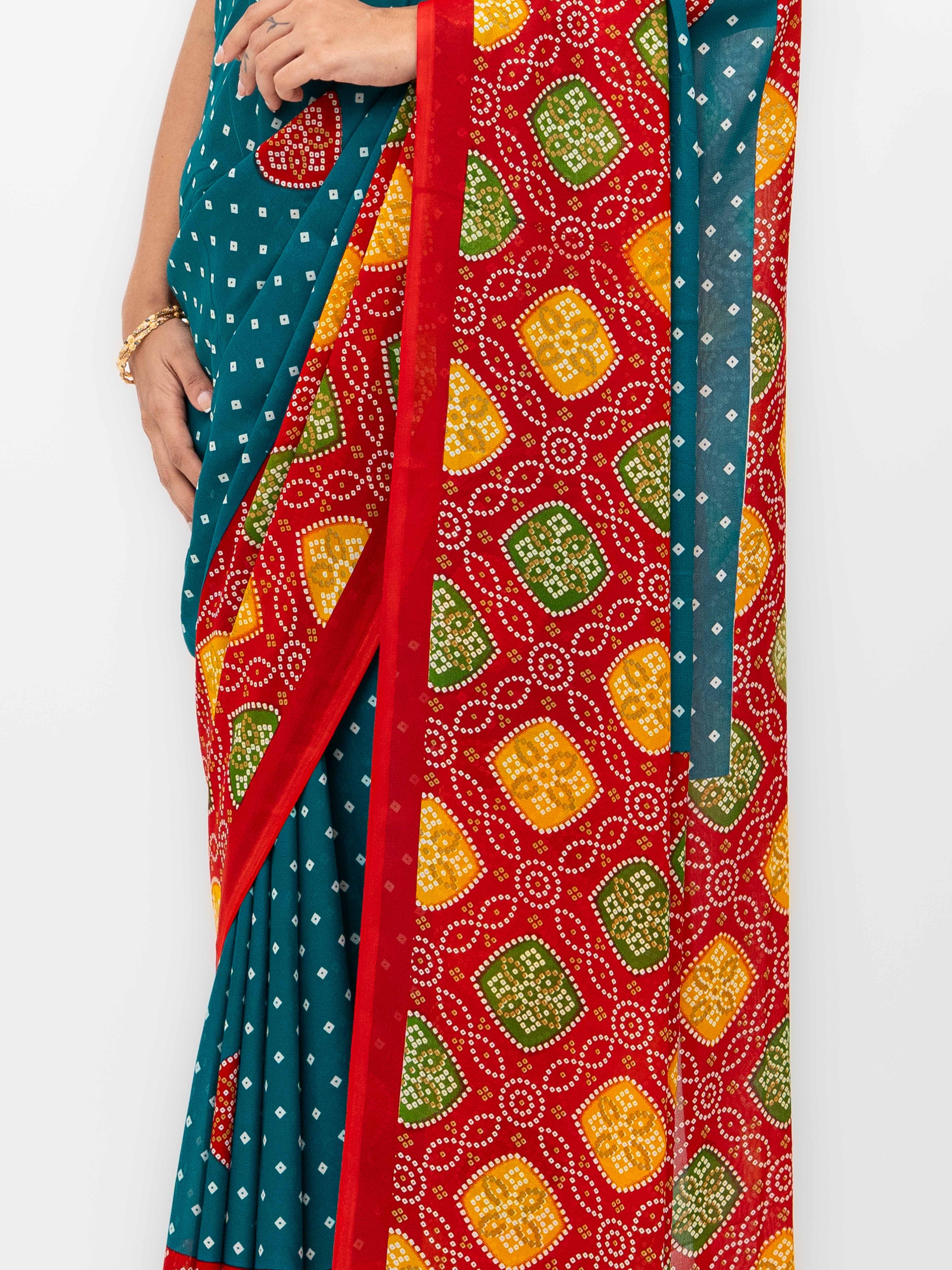 Teal blue Moss Bandhani Saree