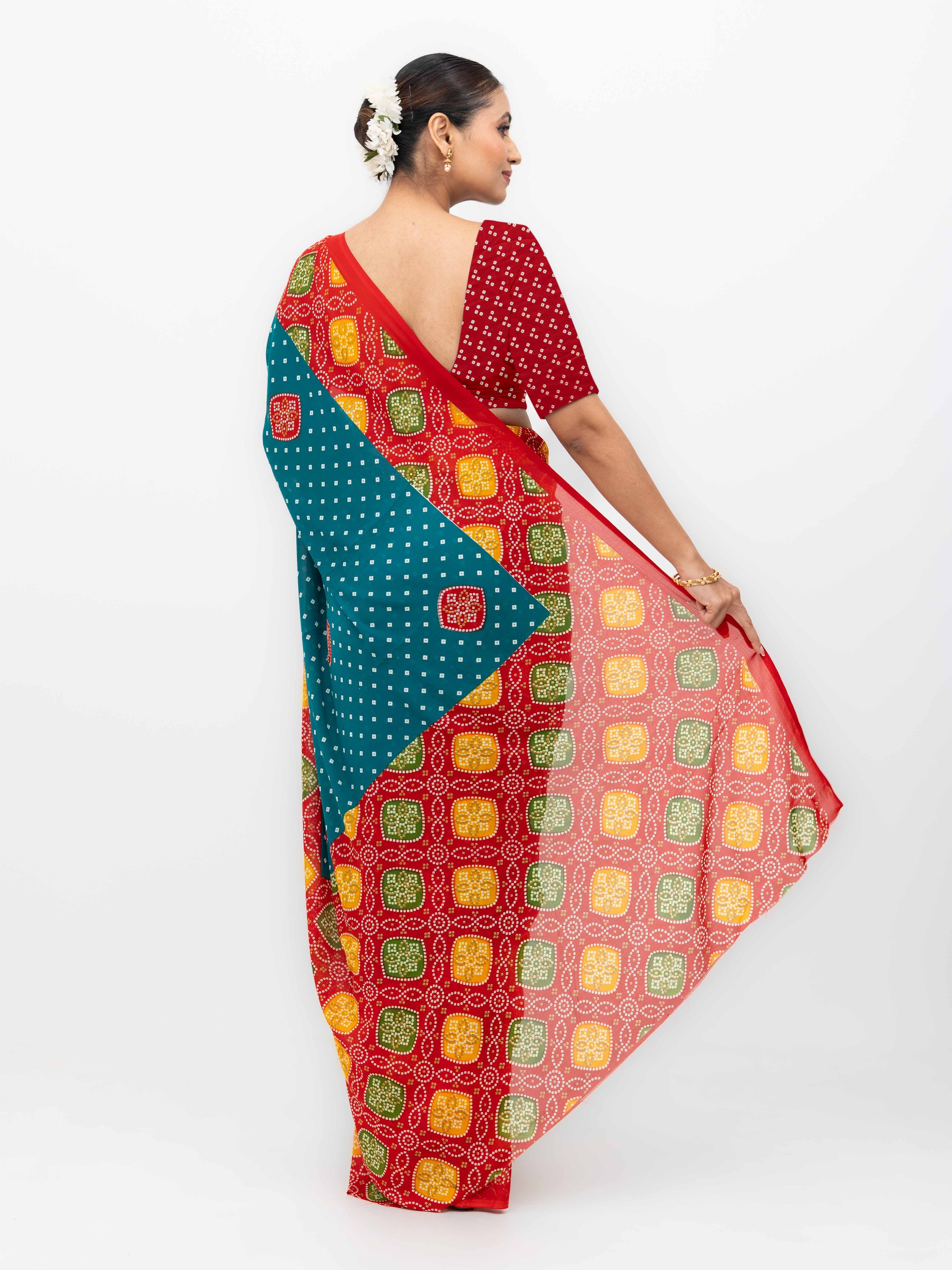 Teal blue Moss Bandhani Saree