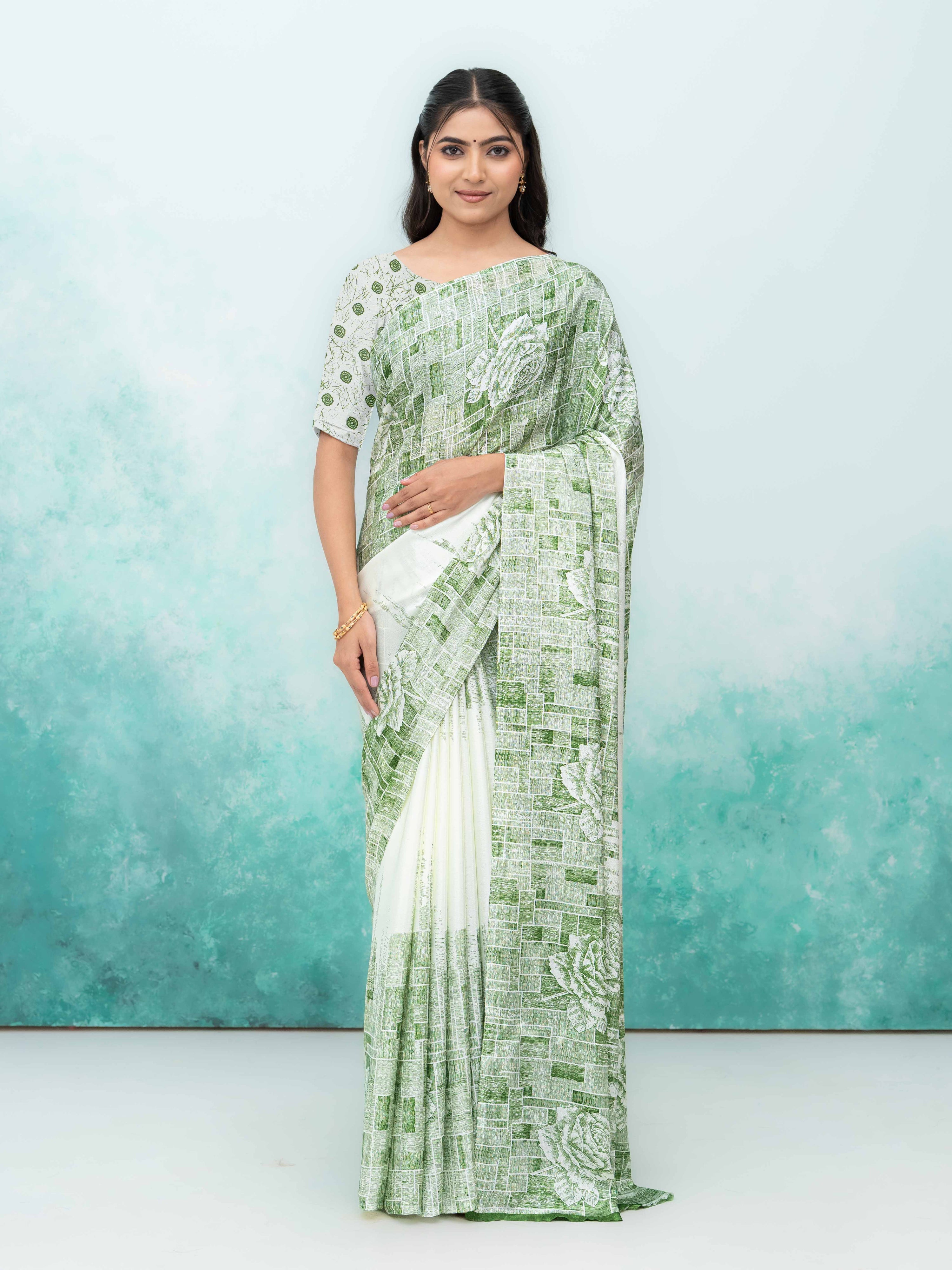 White & Green Coral Silk Saree