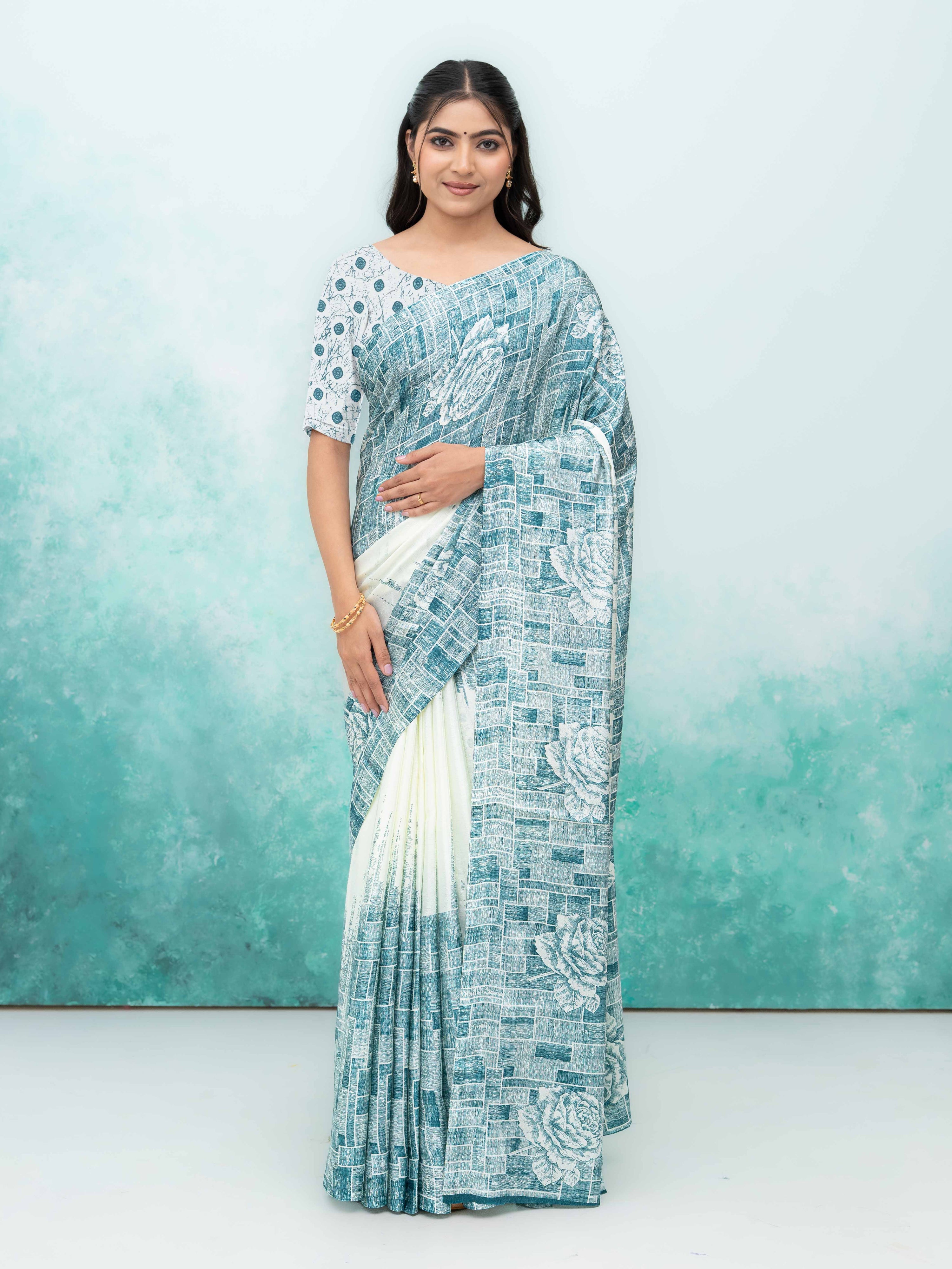 White & Blue Coral Silk Saree