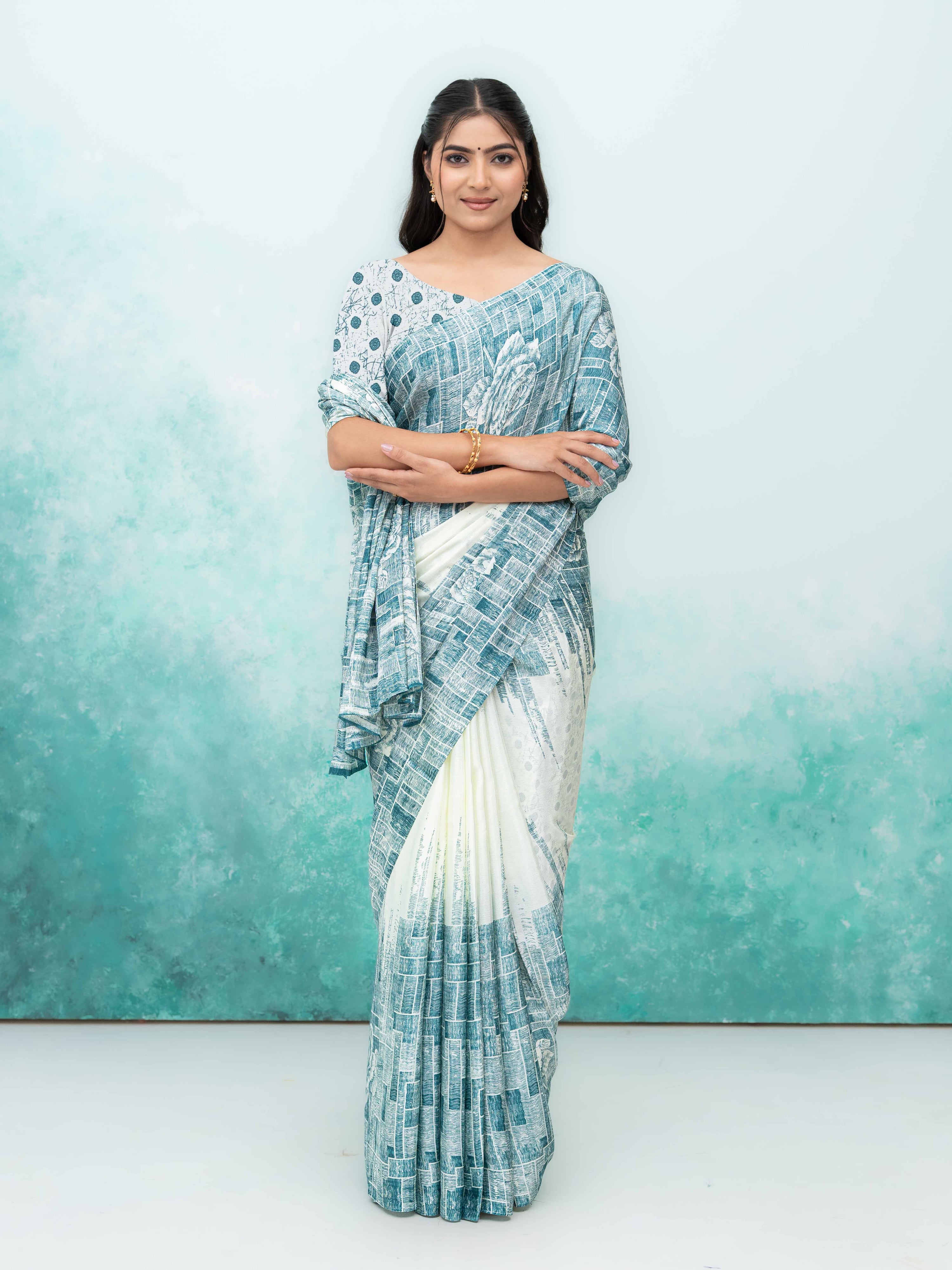 White & Blue Coral Silk Saree