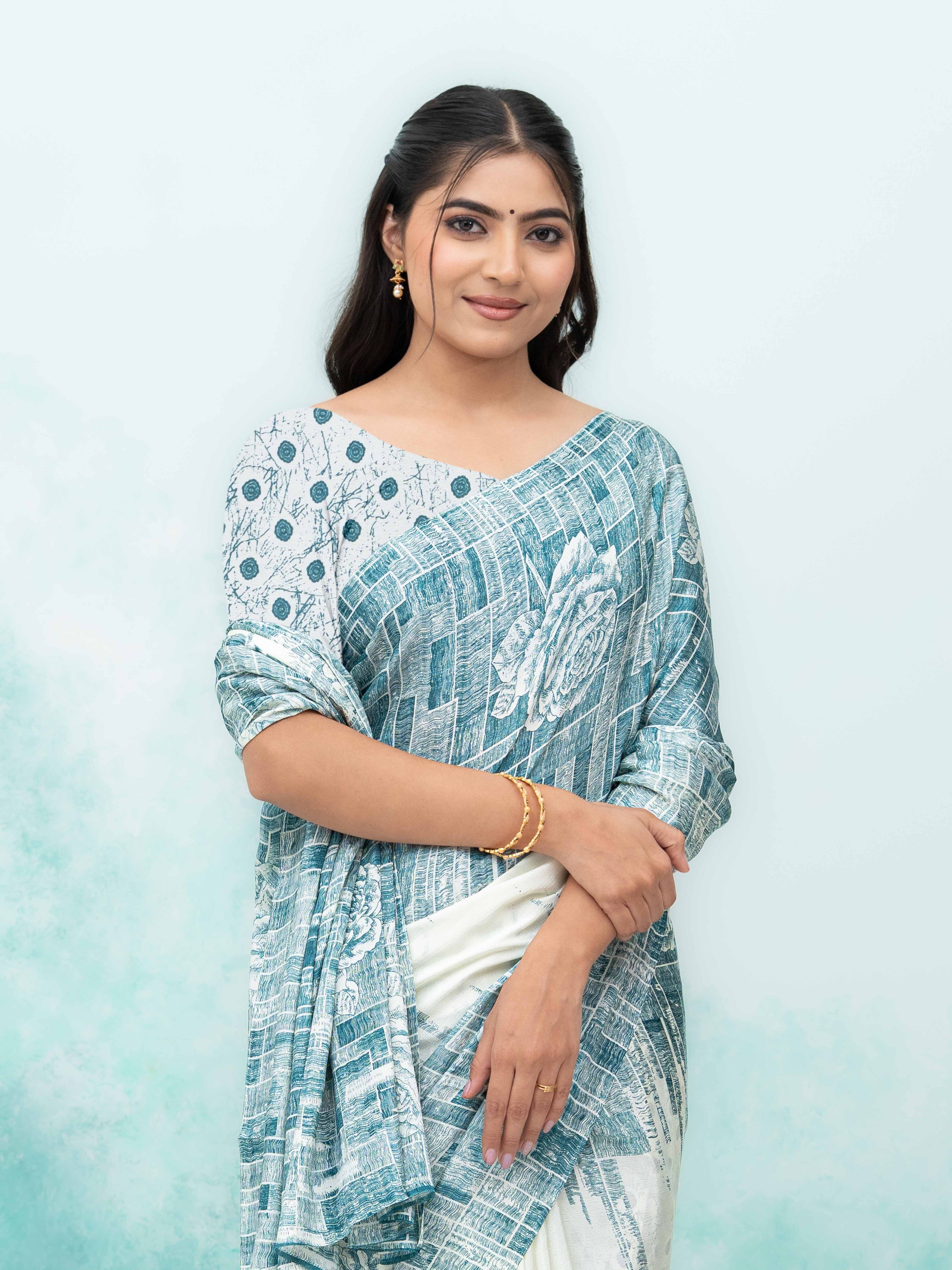 White & Blue Coral Silk Saree