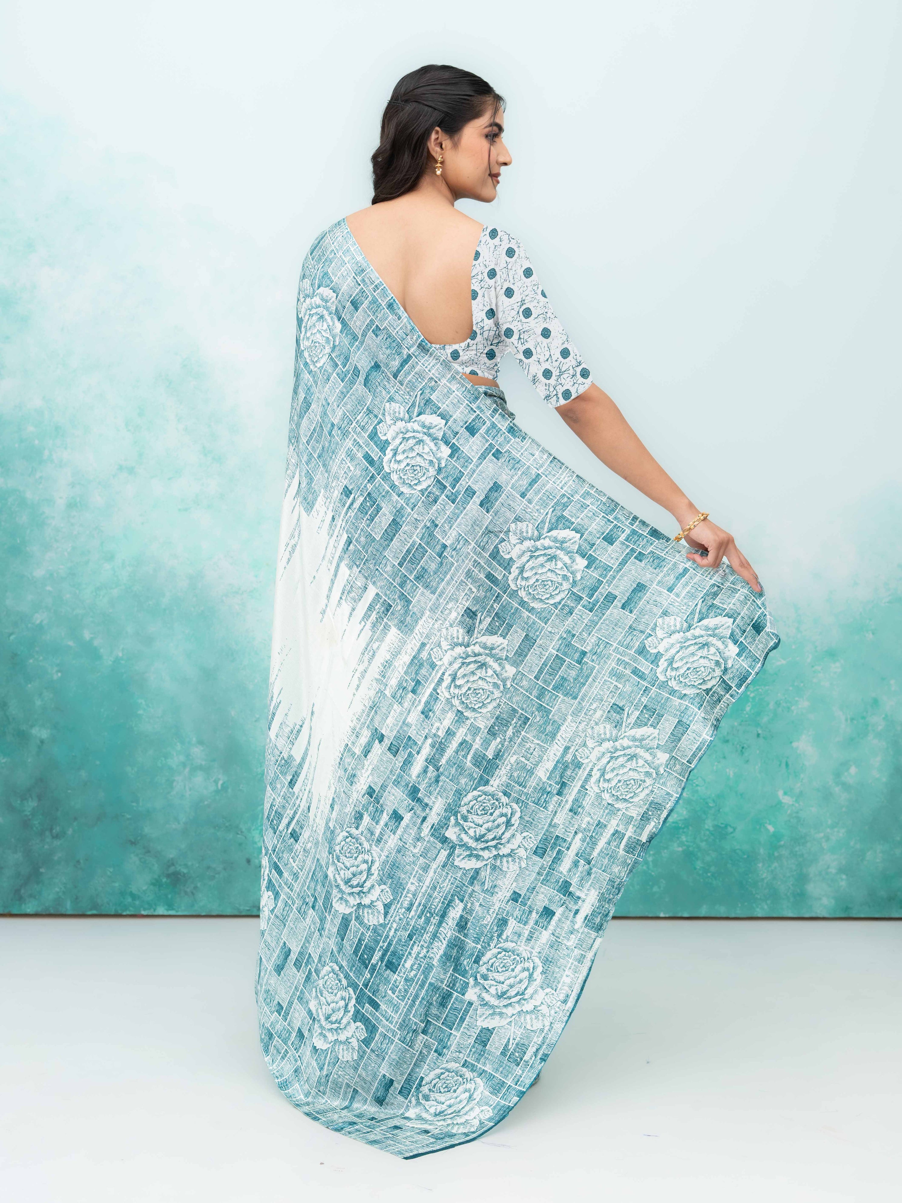 White & Blue Coral Silk Saree