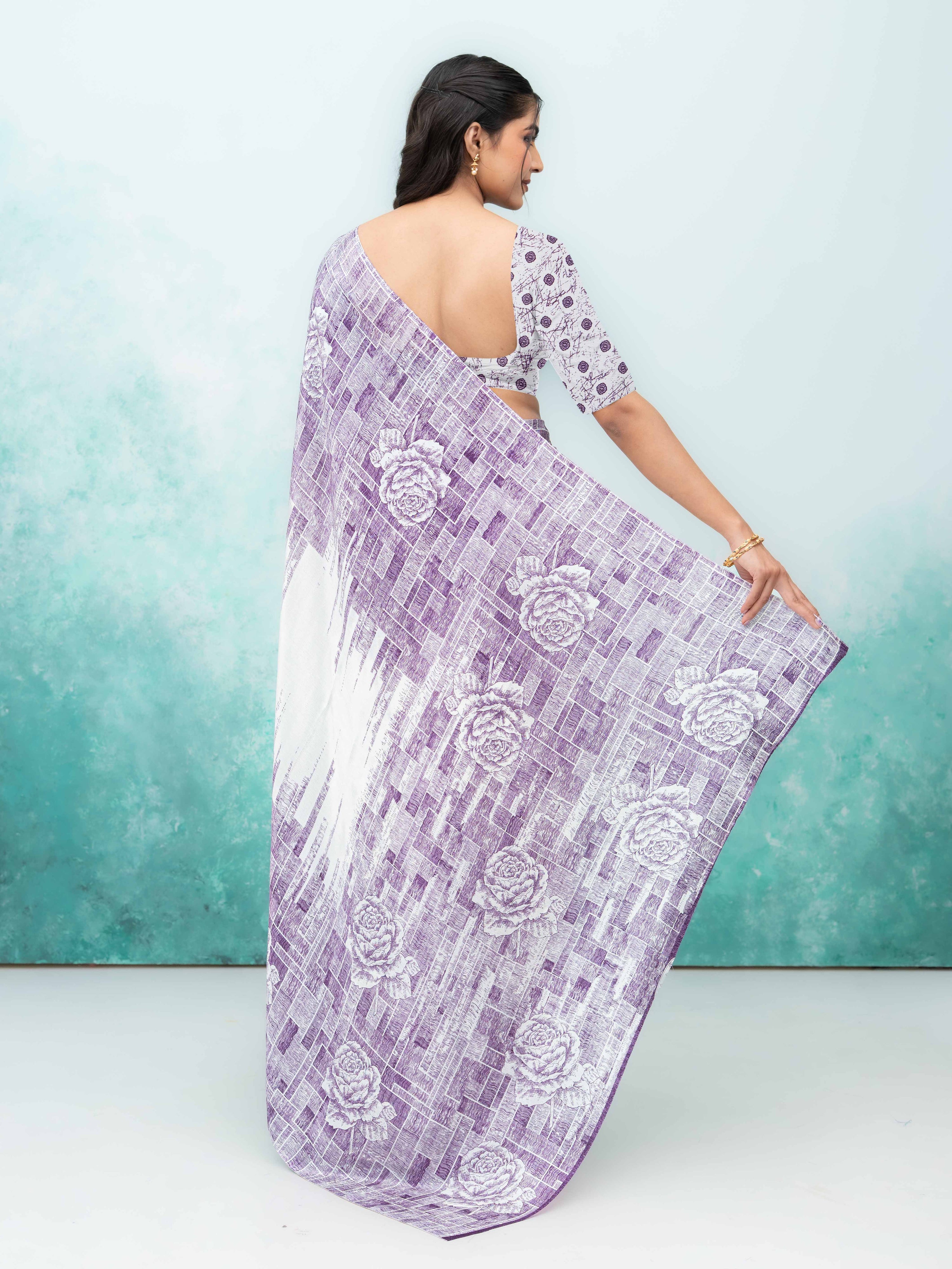 White & Purple Coral Silk Saree