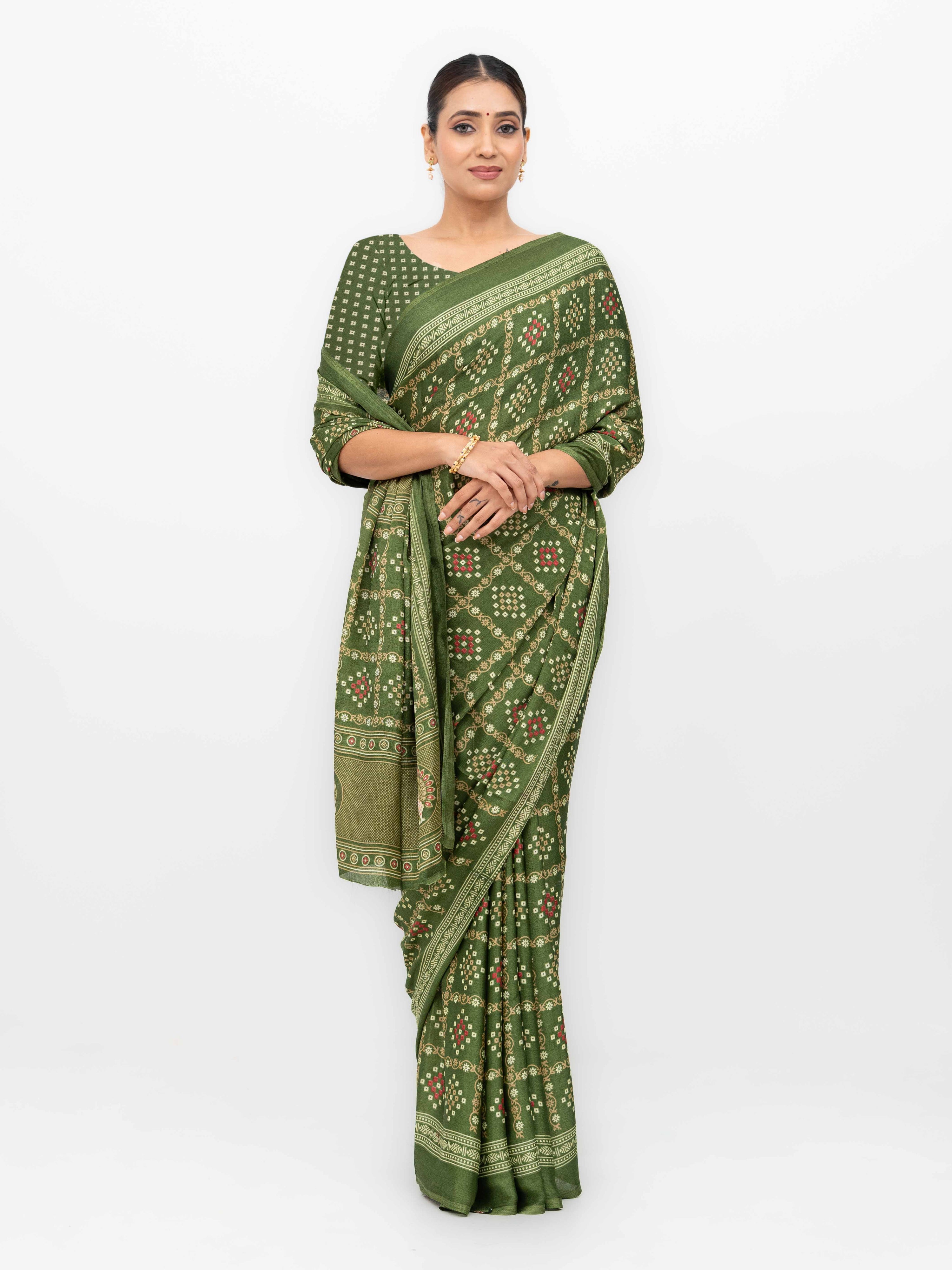 Olive Green Semi Crepe Bandhani Saree