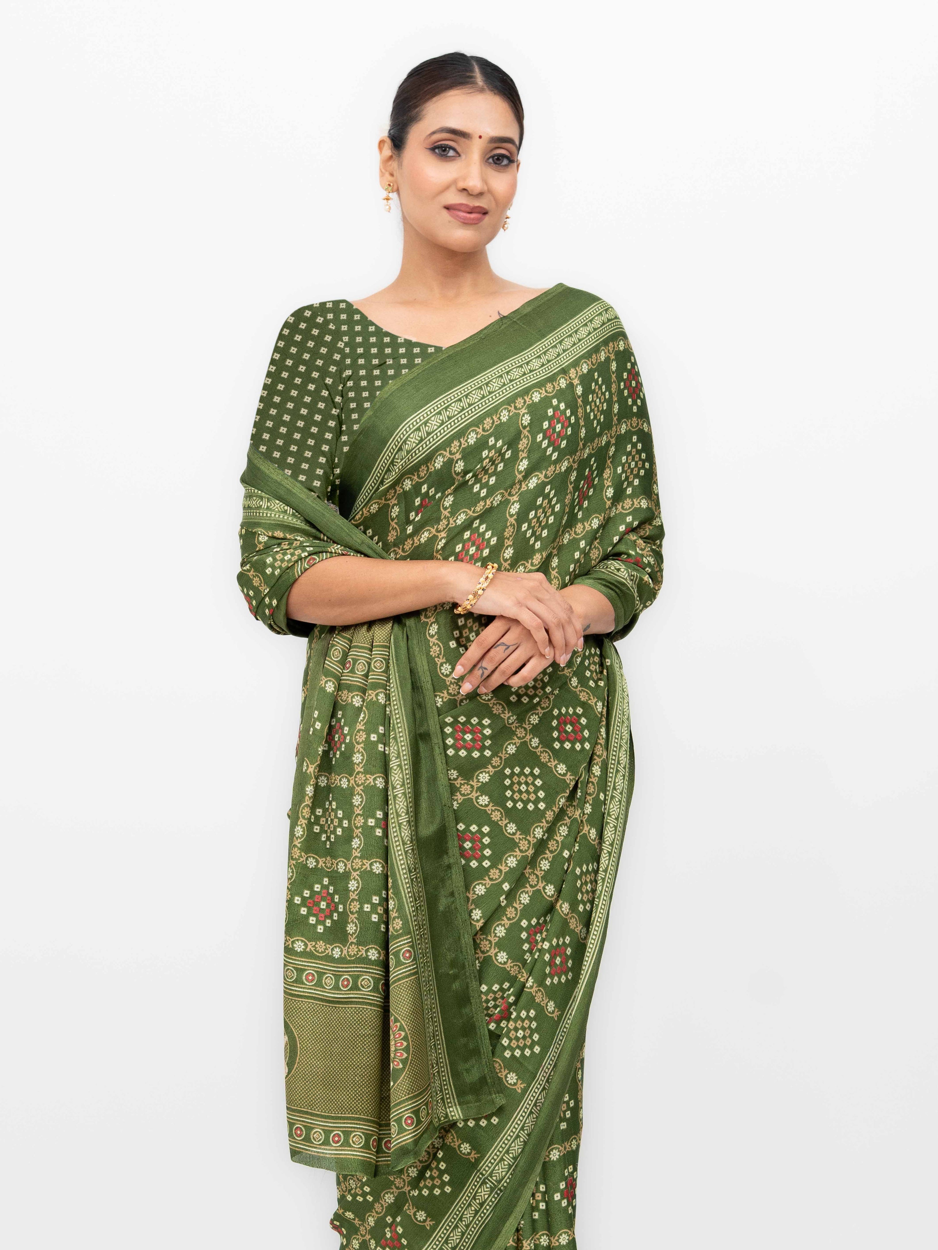 Olive Green Semi Crepe Bandhani Saree