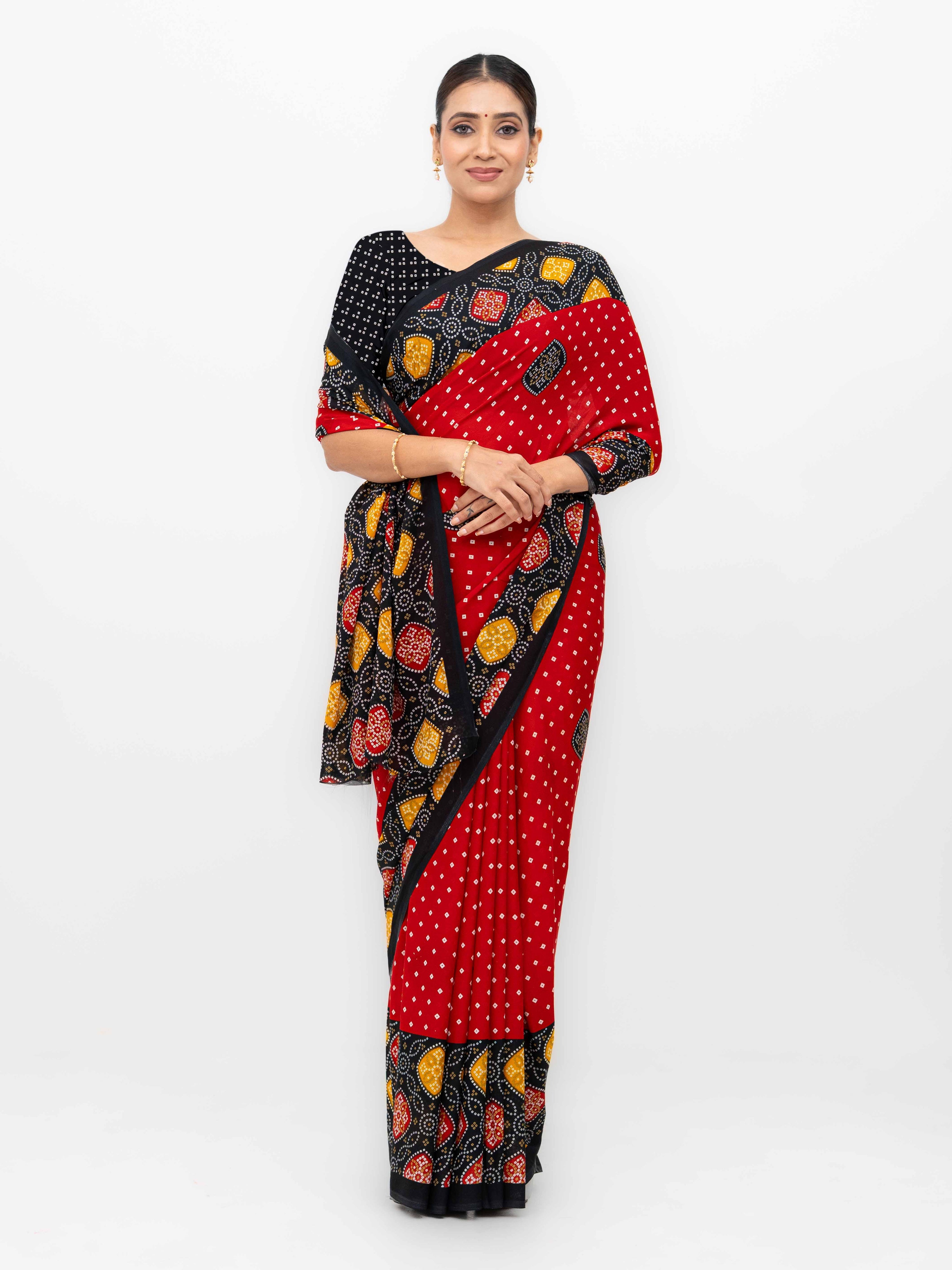 Red Moss Bandhani Saree