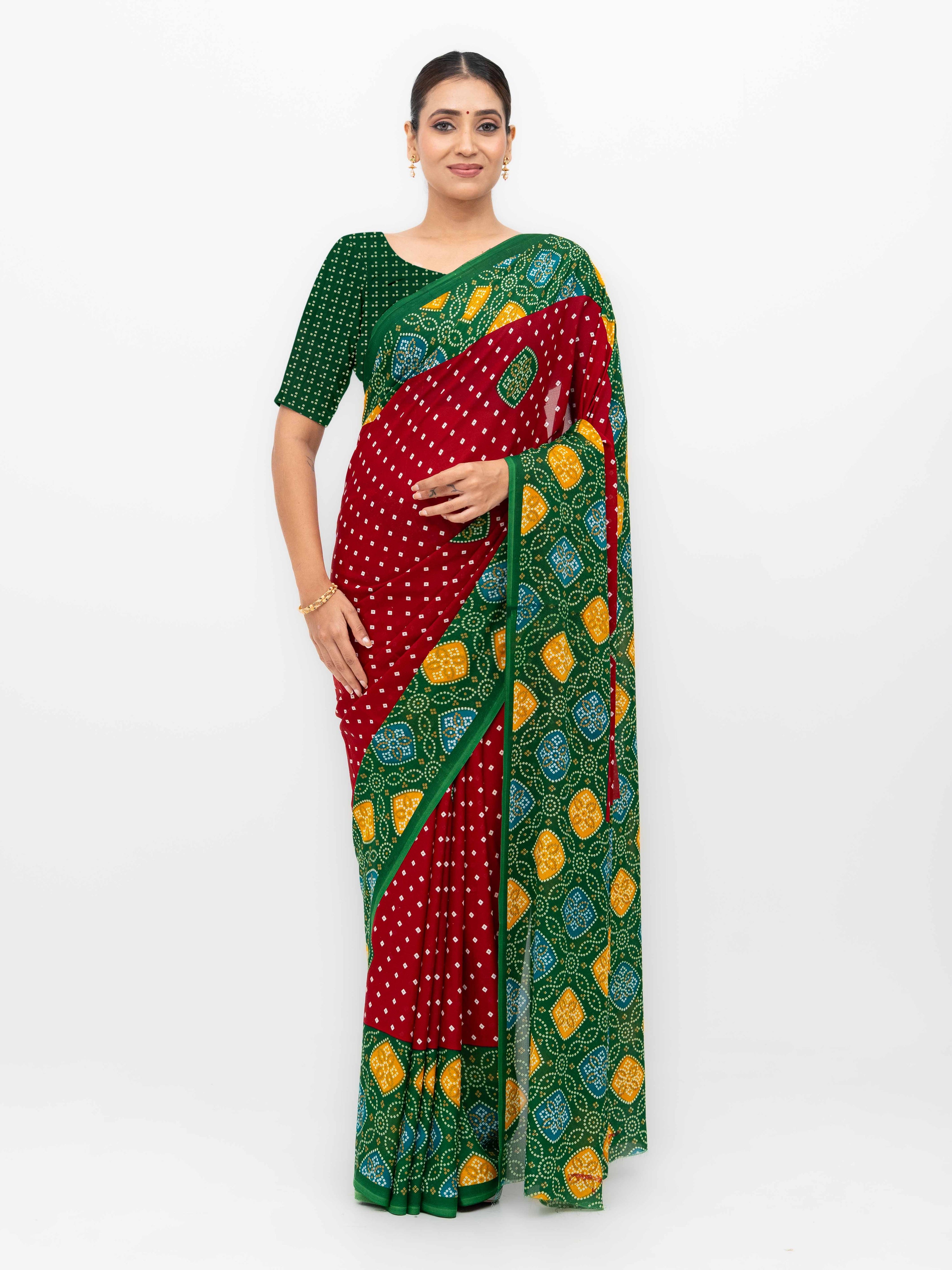 Maroon Moss Bandhani Saree