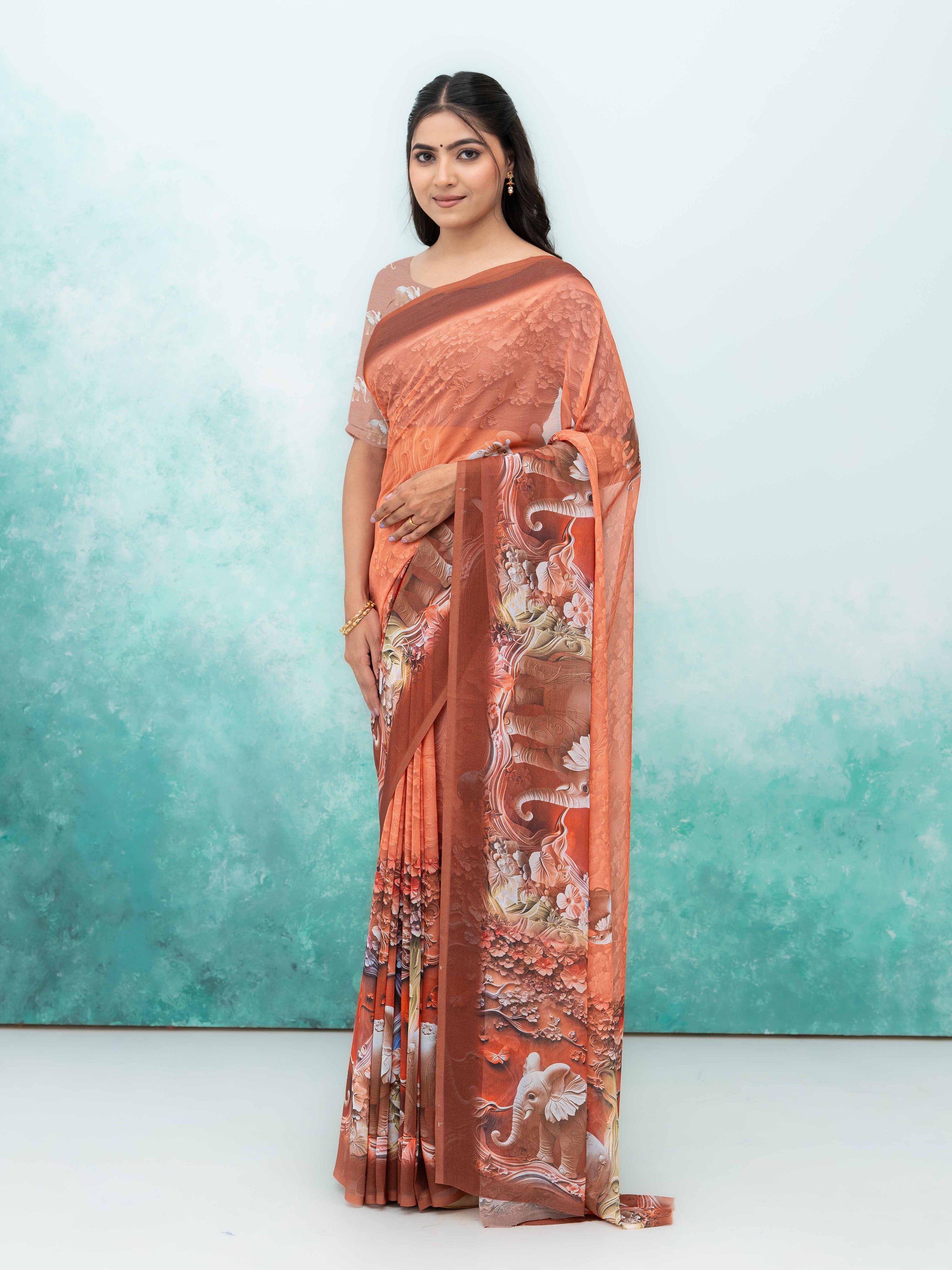 Peach Georgette Saree