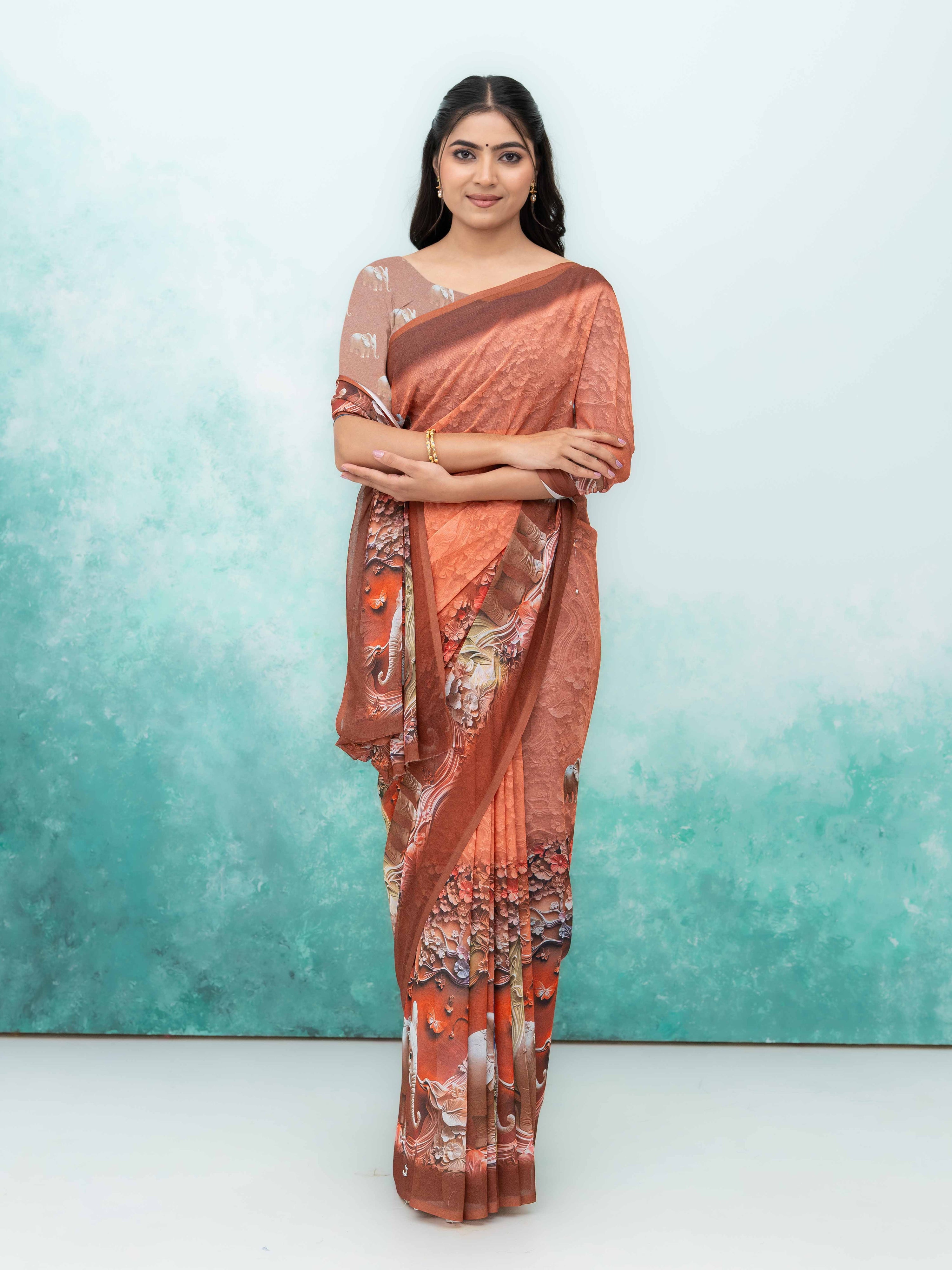 Peach Georgette Saree
