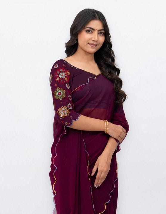 Wine Purple Georgette Plain Saree